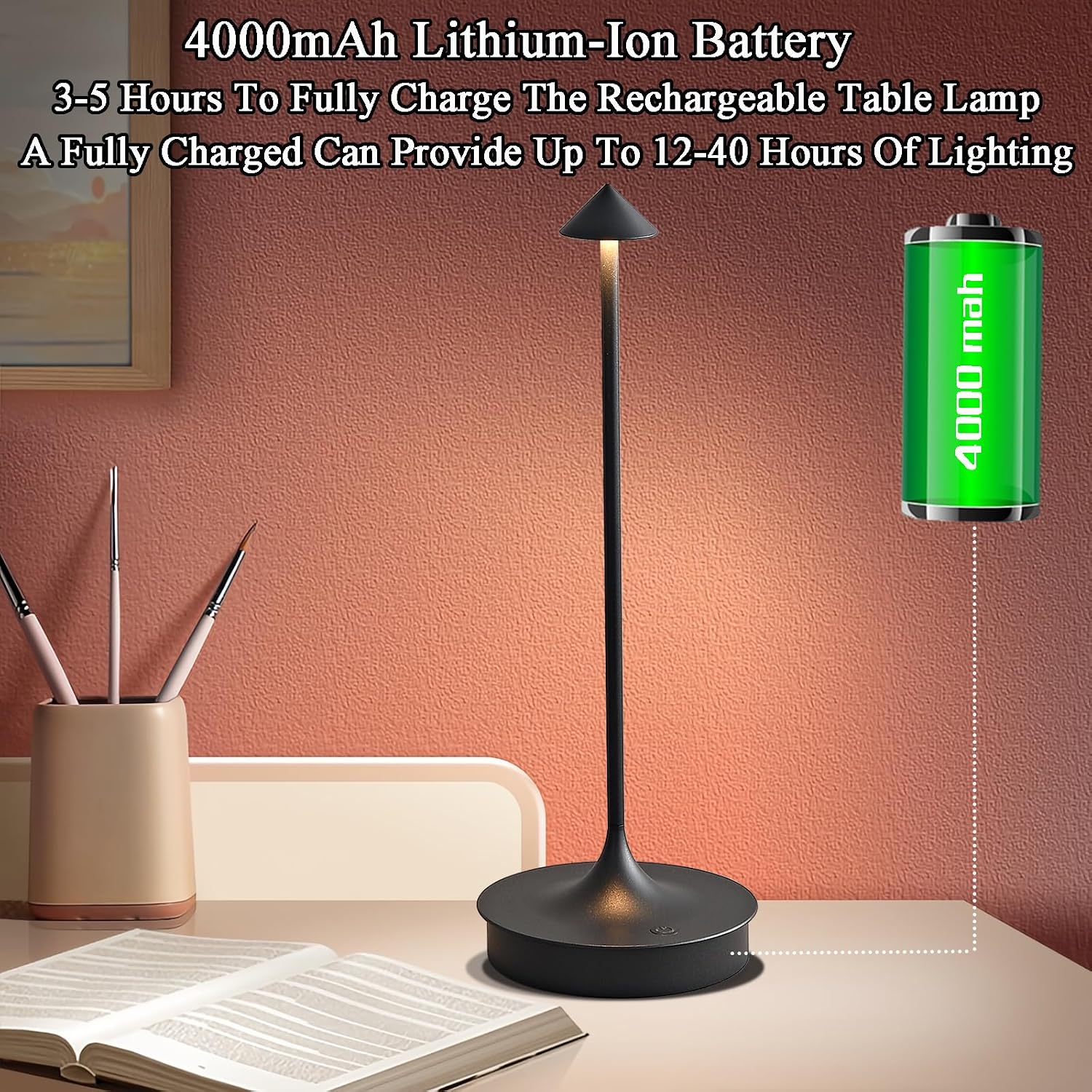 Cordless Table Lamps Rechargeable, Black 2PC | LED Desk Lamp 4000mAh Battery Operated Outdoor Waterproof Portable Touch