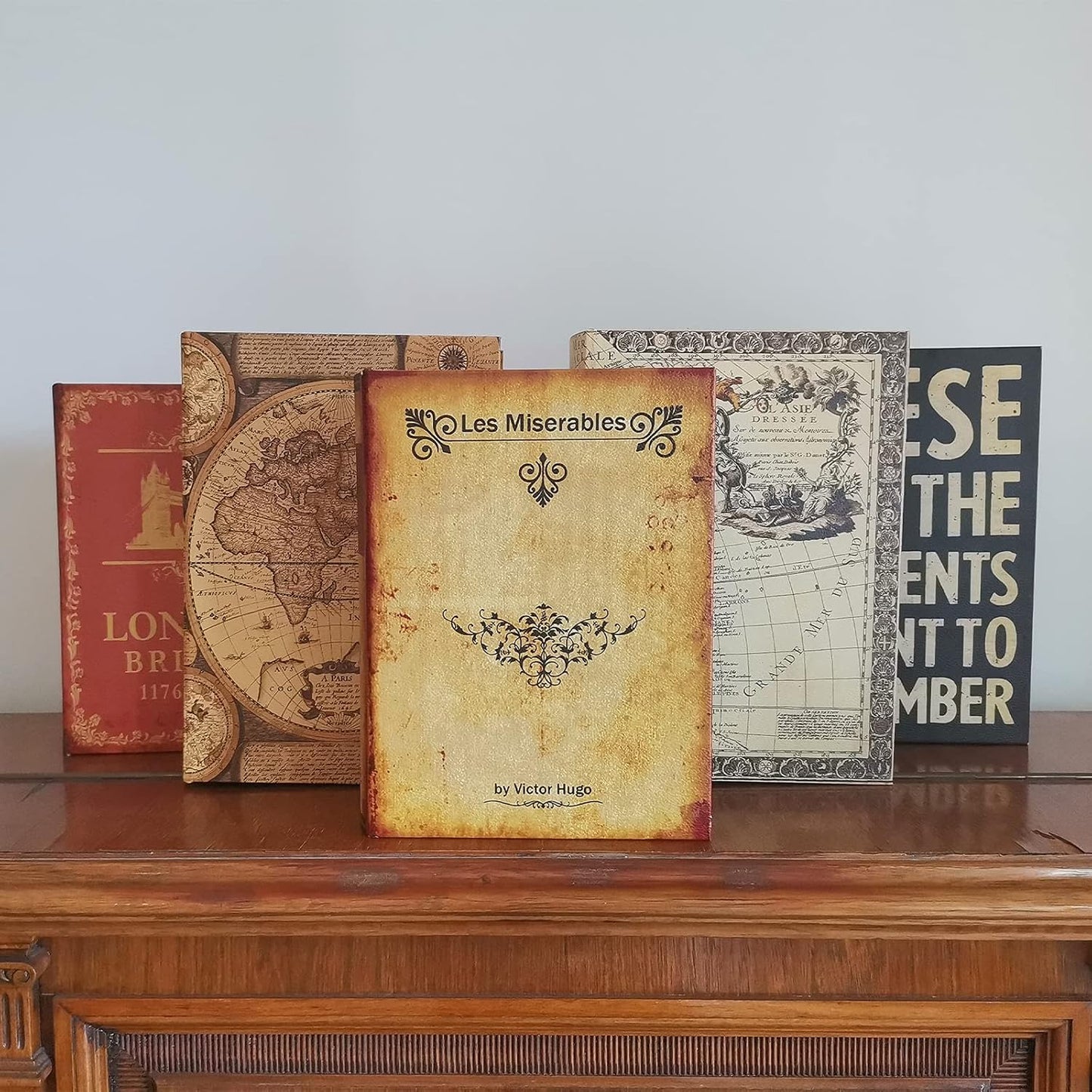 Decorative Book Box Antique Wooden Realistic Faux Wood Storage Set / Les Miserables / Set of 2
