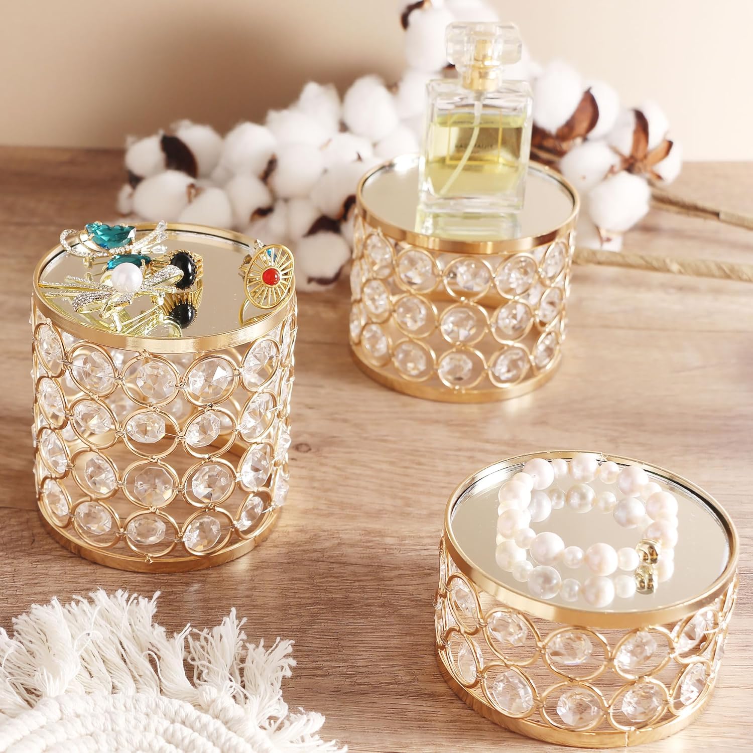 Crystal Display Stands Round Mirrored Risers Decorative Jewelry Perfume Stand / Gold / Set of 3