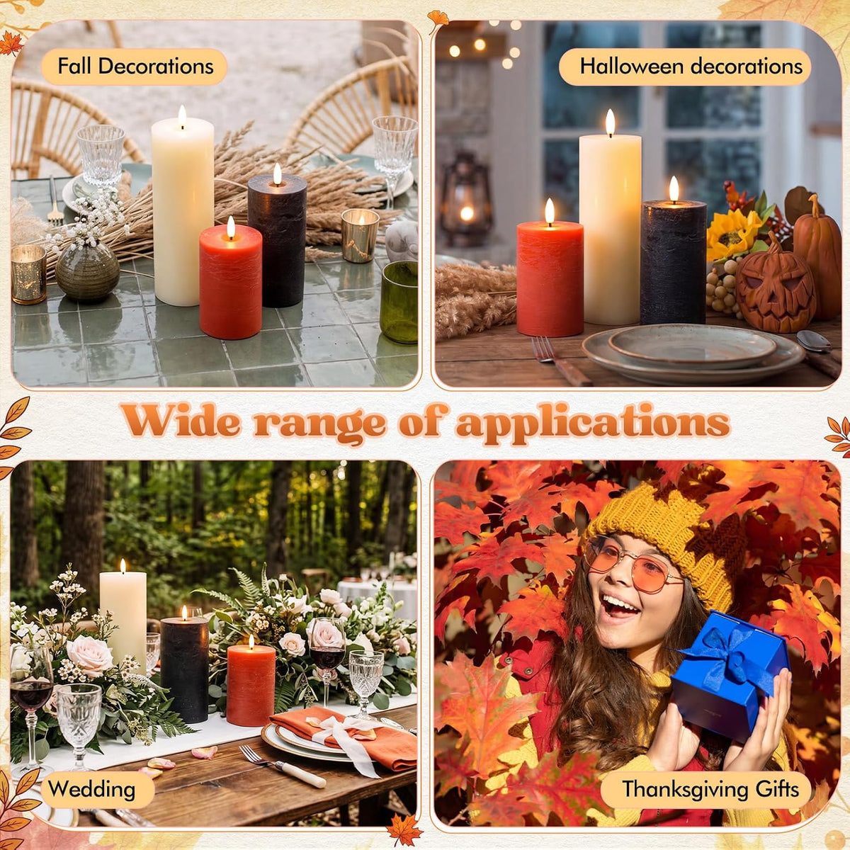 3 Pcs 6/8/12 Inches Fall Flameless LED Candles with Remote and 2/4/8h Timer Orange Black White Battery Operated Wax