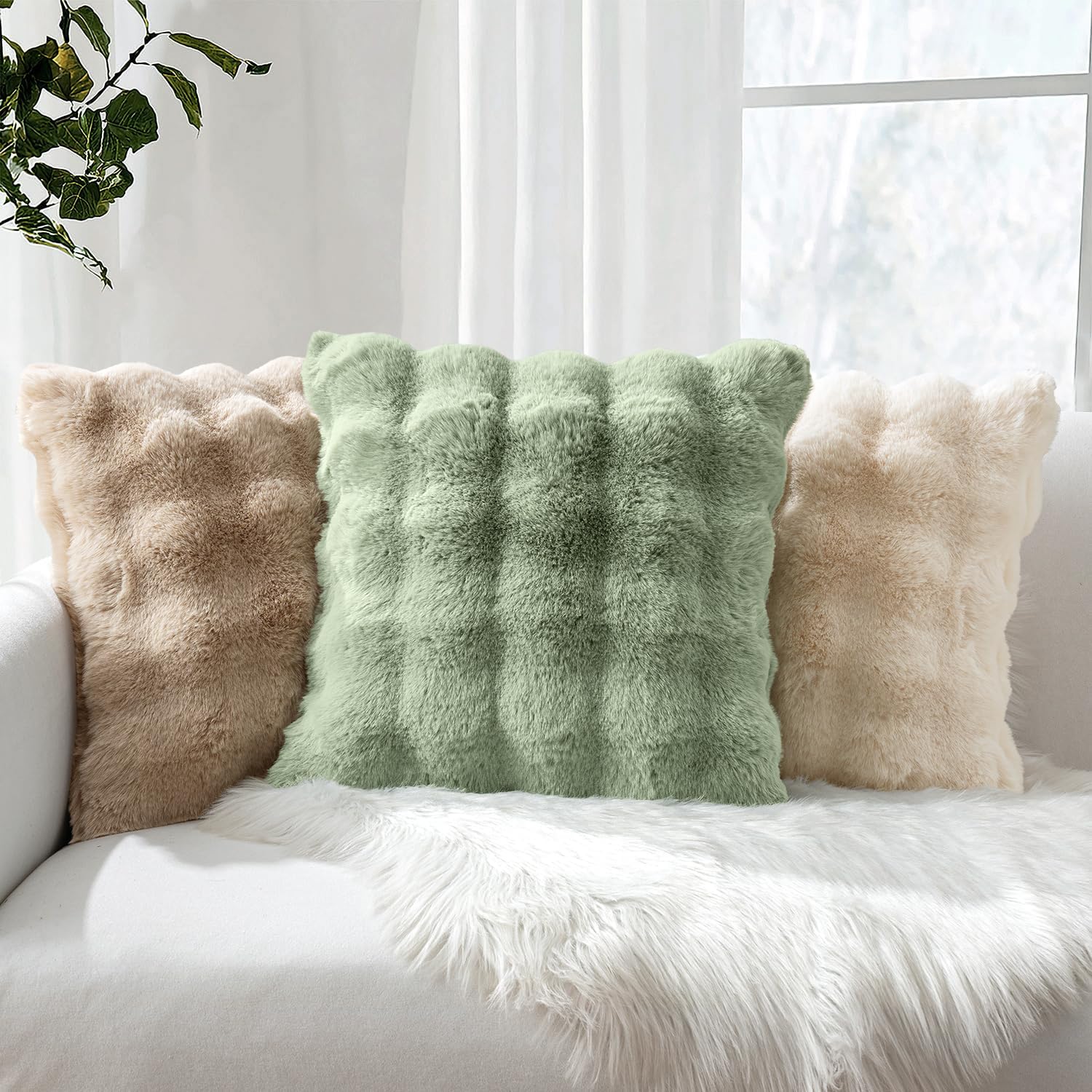 Faux Fur Pillow Covers Thick Soft Plush Throw Pillows Spring Home / 18 x 18 / Sage Green / Set of 2