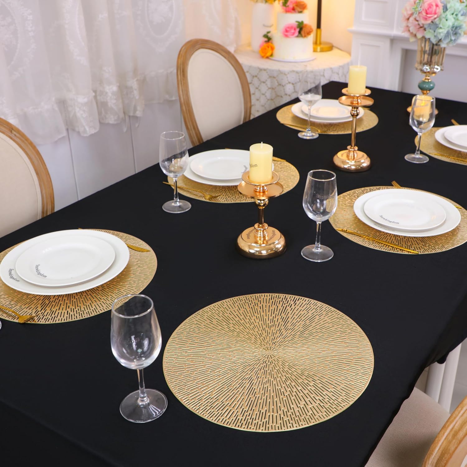 Snowkingdom Round Gold Placemats Set of 12, Gold Vinyl Metallic 15 Inch Round Placemat, Washable Wipeable Hollow Place