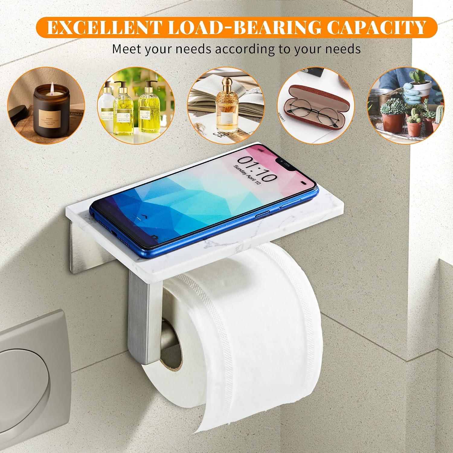 Brushed Nickel Toilet Paper Holder with Marble-Look Shelf, Wall Mounted SUS304 Stainless Steel Toilet Roll Holder with