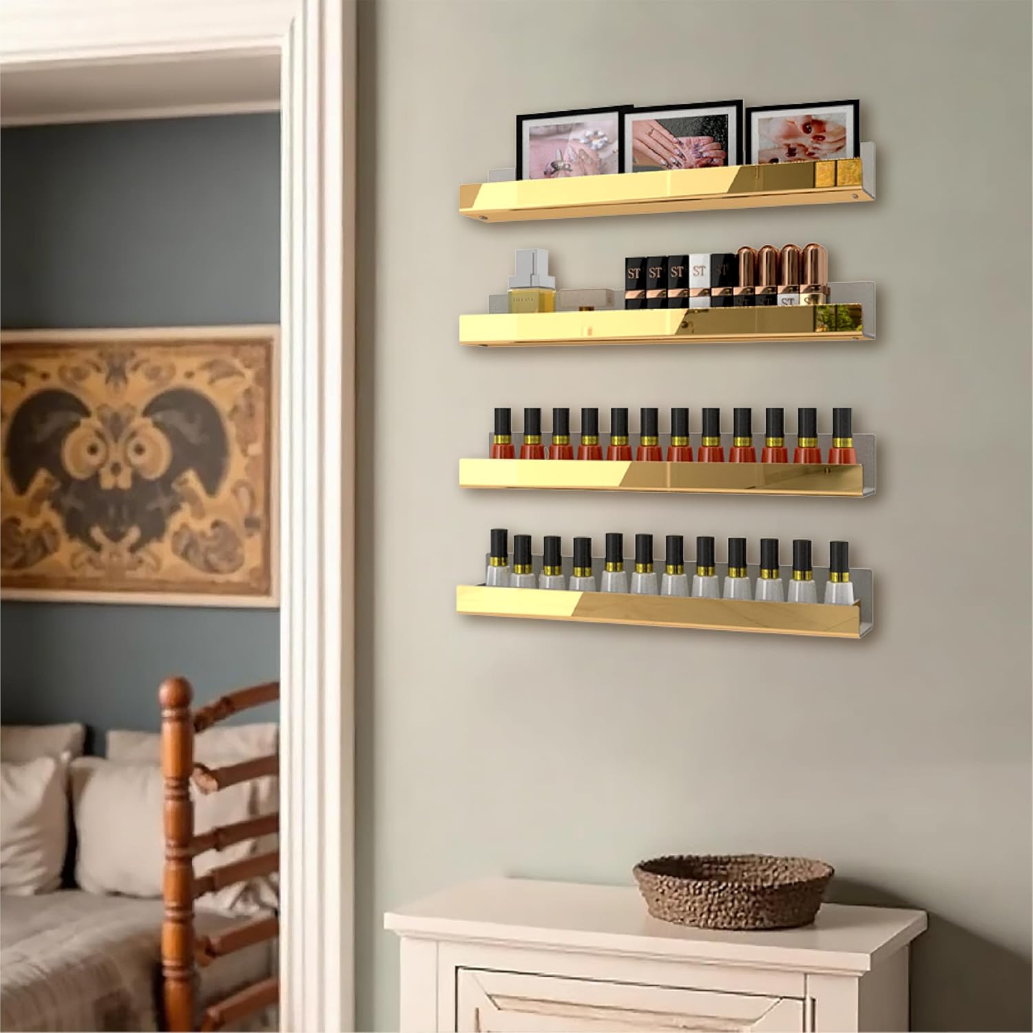 4 Pack 15 Inch Gold Reflective Acrylic Shelves, Gold Foating Shelves, Modern Sunglasses Essential Oil Picture Ledge