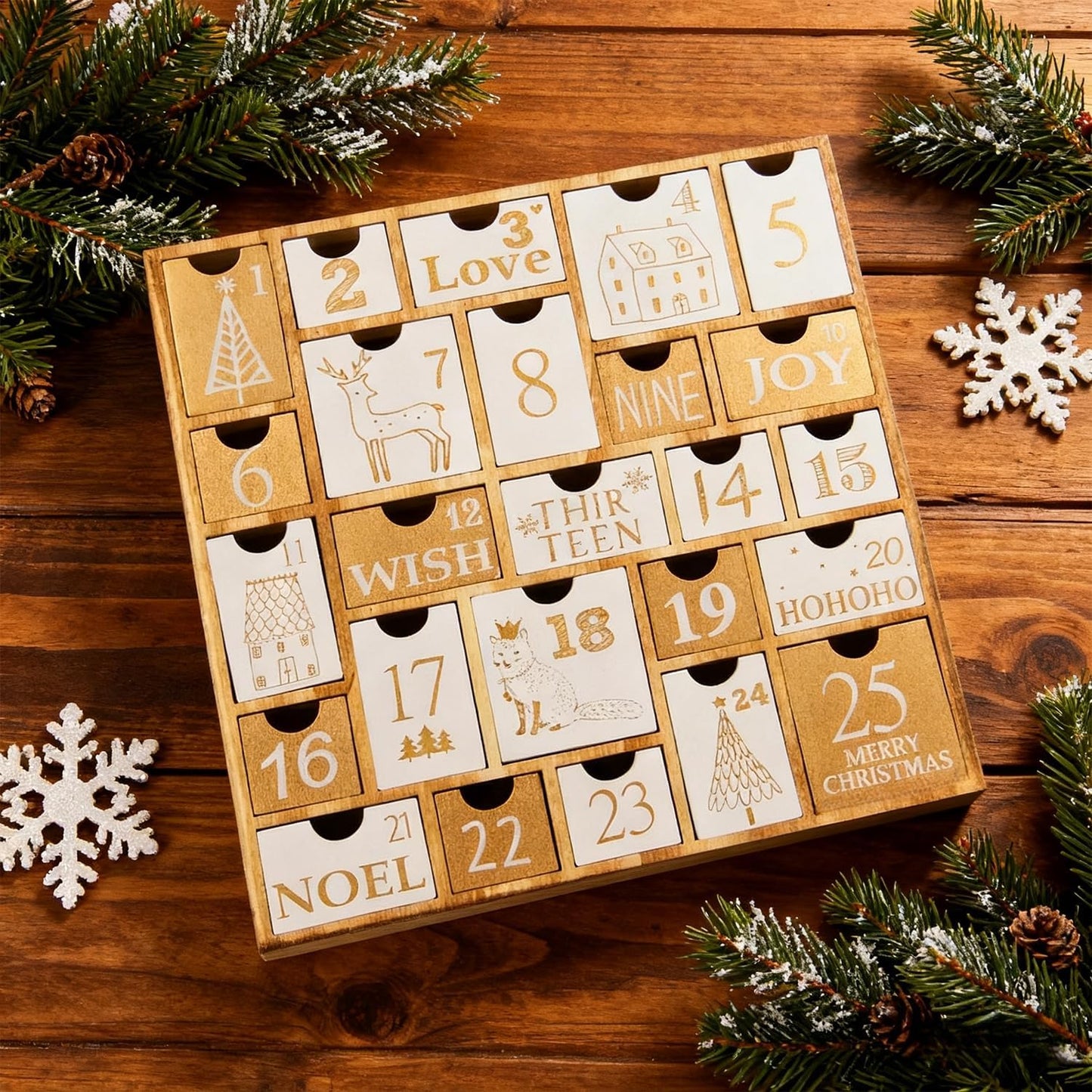 Juegoal Advent Calendar with 25 Drawers Countdown to Christmas, Refillable Wooden Advent Xmas Gift for Kids, 12 Inches