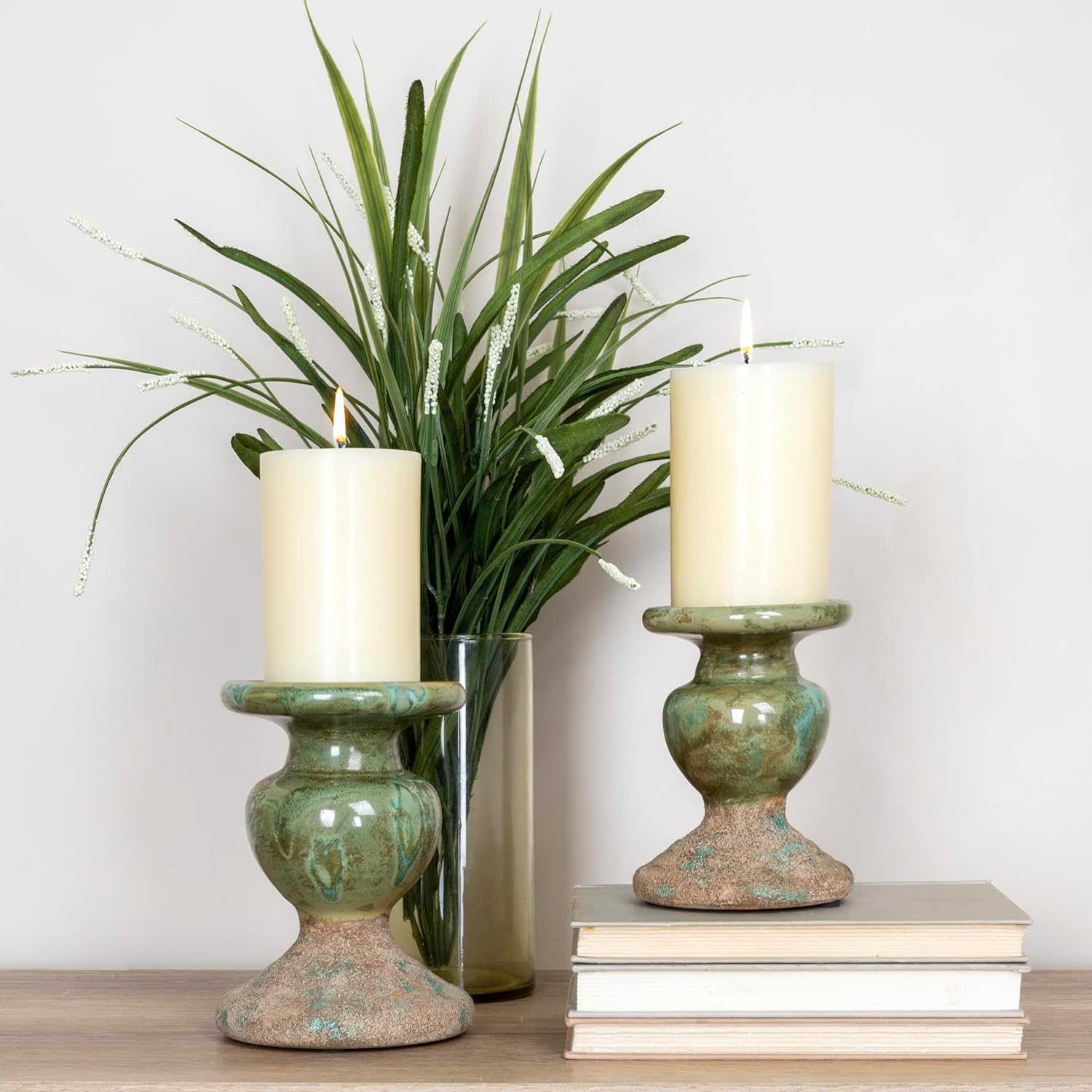 2-Tone Sculptural Terracotta Pillar Candle Holder / 5.5" W x 6.5" H / Green