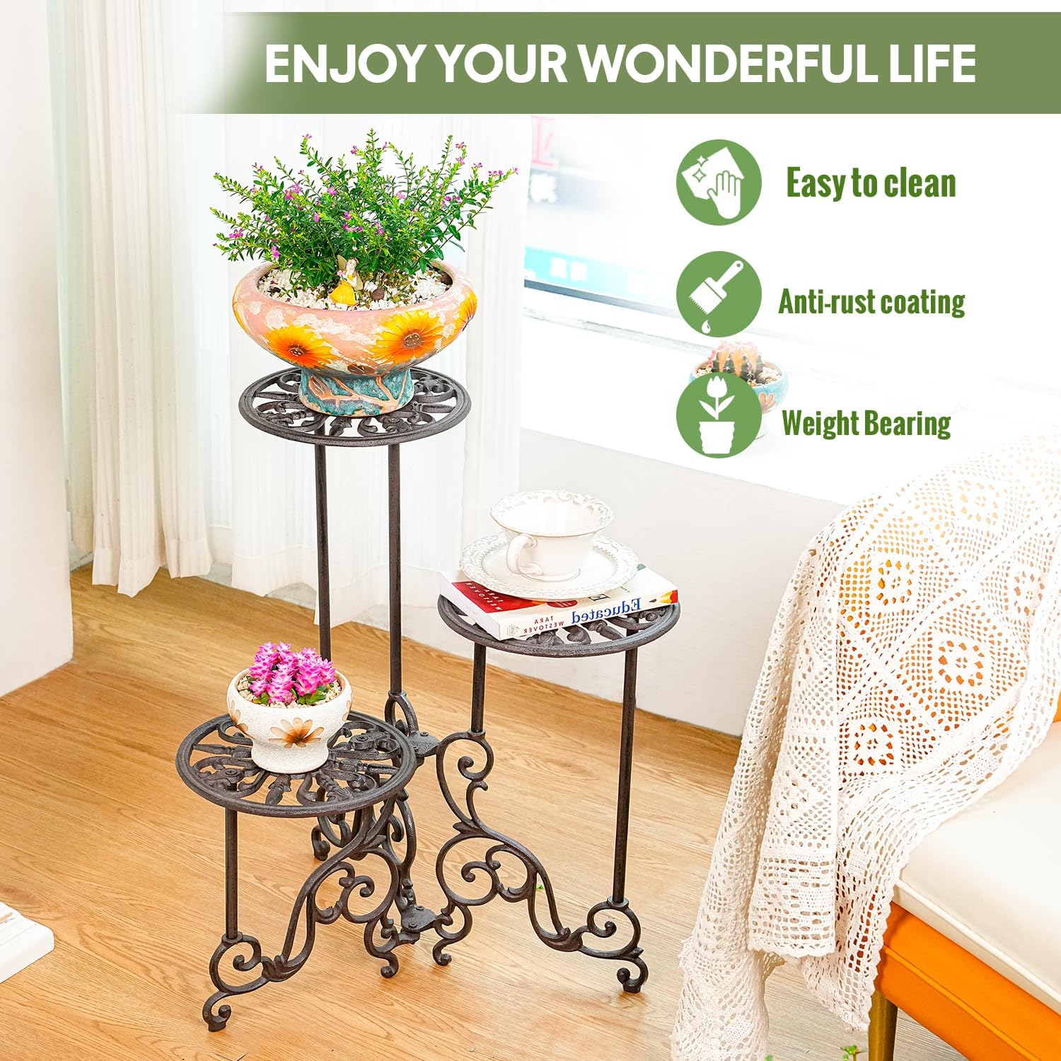 Sungmor Cast Iron Plant stand, 24 Inches Tall 3 Tier Foldable Design | Heavy Duty Rustic Metal Holder for Indoor Corner