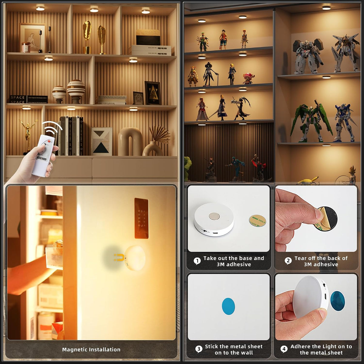 Puck Lights with Remote Control,Under Cabinet Lighting,Warm White,9 pcs | Stick On Lights,Magnetic,Cordless,1200mAh