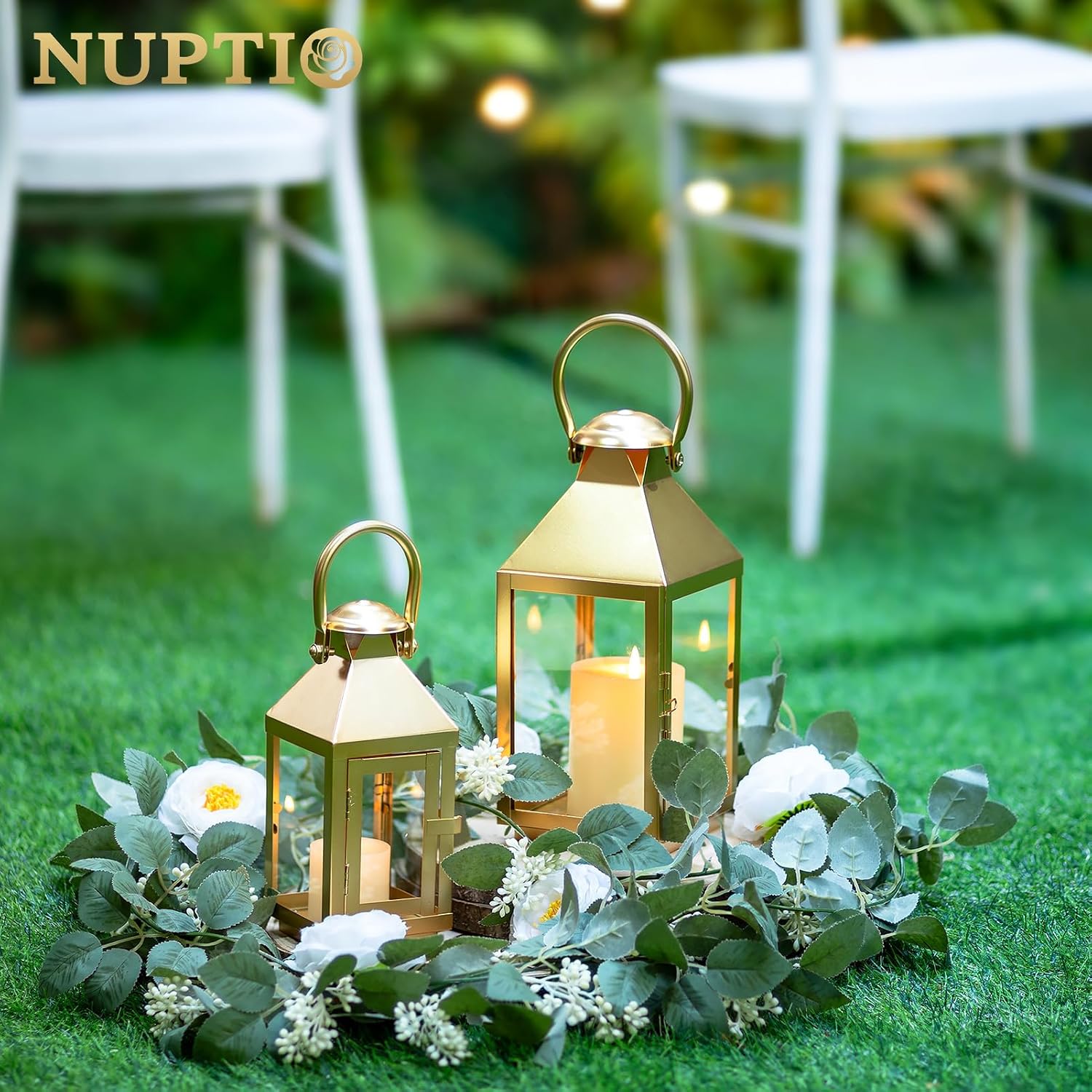 NUPTIO Gold Lanterns Decorative for Wedding, 11.2 Inch Lantern Decor | Tall Metal Candle Lantern with Glass for Outdoor