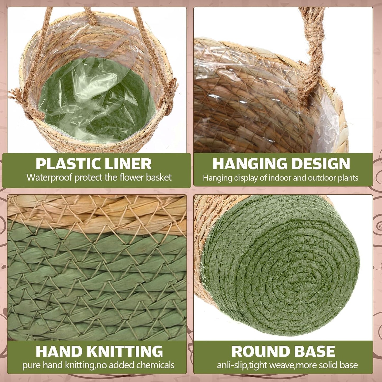 Seagrass Hanging Planter Basket Hand Woven Plant Basket / Brown, Green / Small / Set of 6