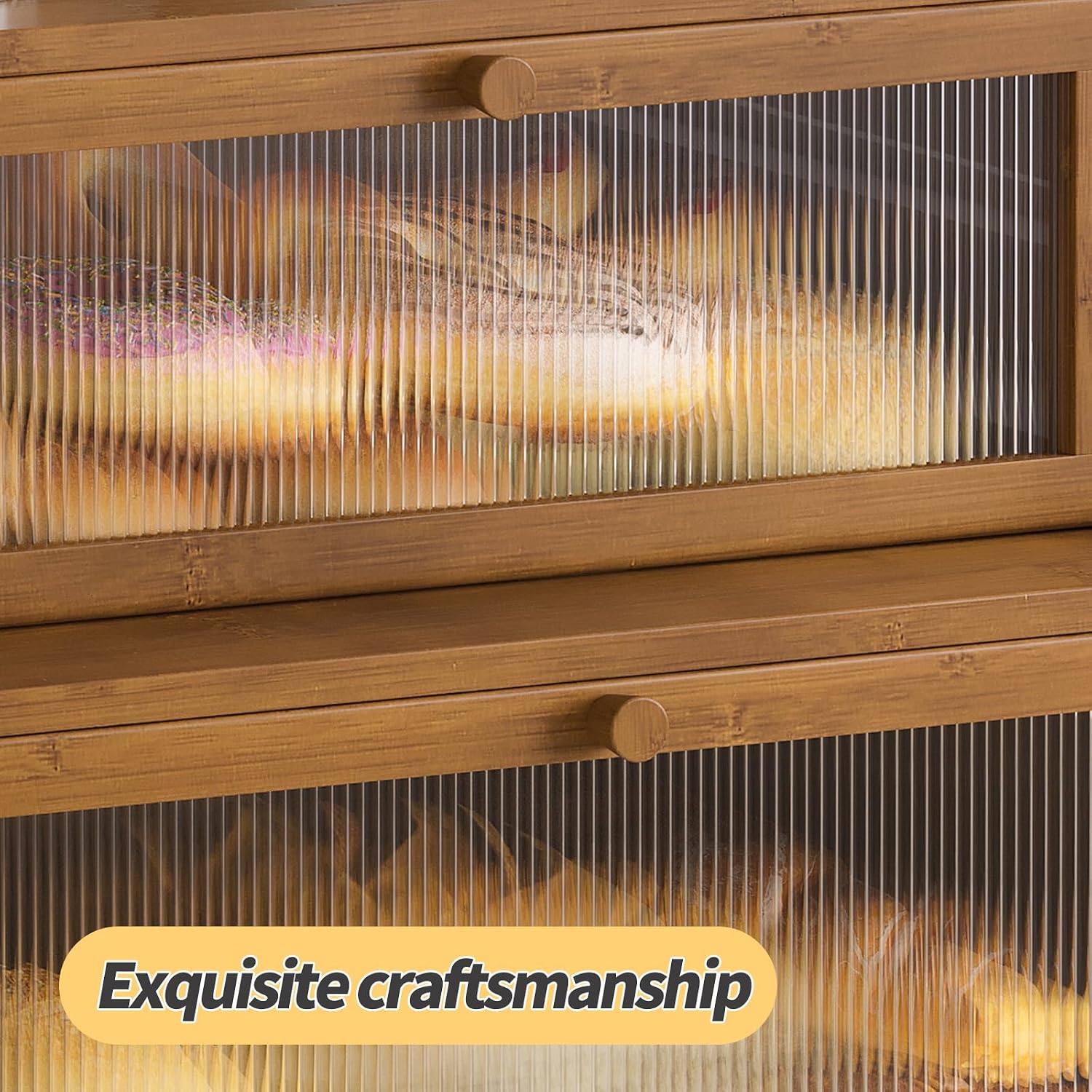 Double Layer Bamboo Bread Box for Kitchen Counter,Bread Holder,Countertop Bread Storage with Window (Brown)