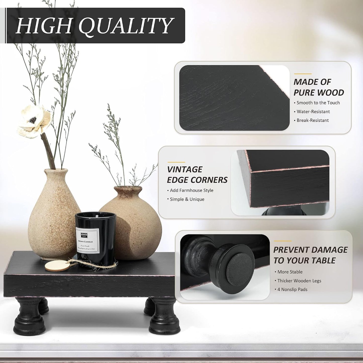 EOSAHR Wood Riser & Display Stand for Kitchen Counter, Black | 8.5" Pedestal Stand for Kitchen Decor, Soap Holder