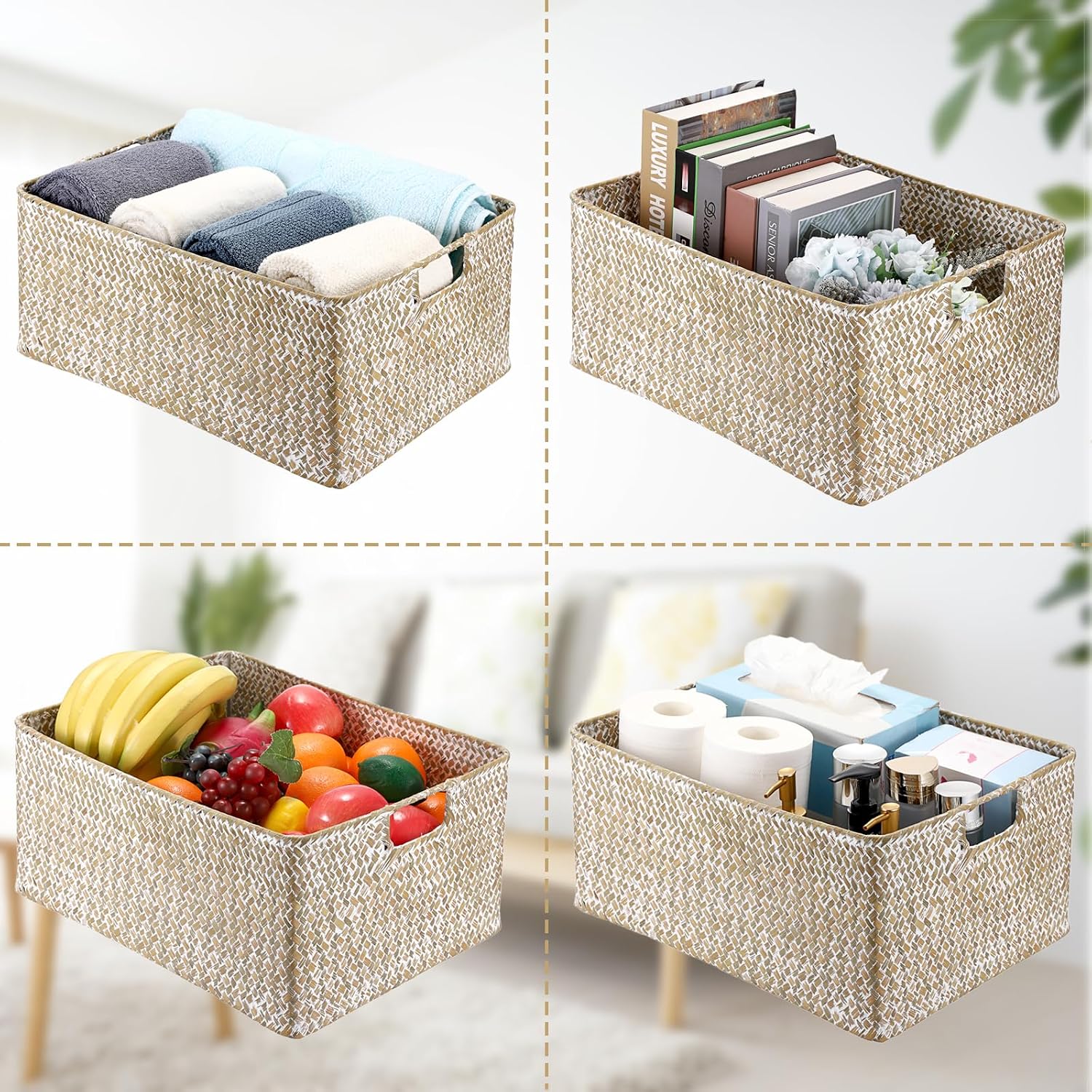 Seagrass Storage Basket Bin Rectangular Handwoven Wicker / 16.1 x 11.8 x 7.7 / Large / Whitewash