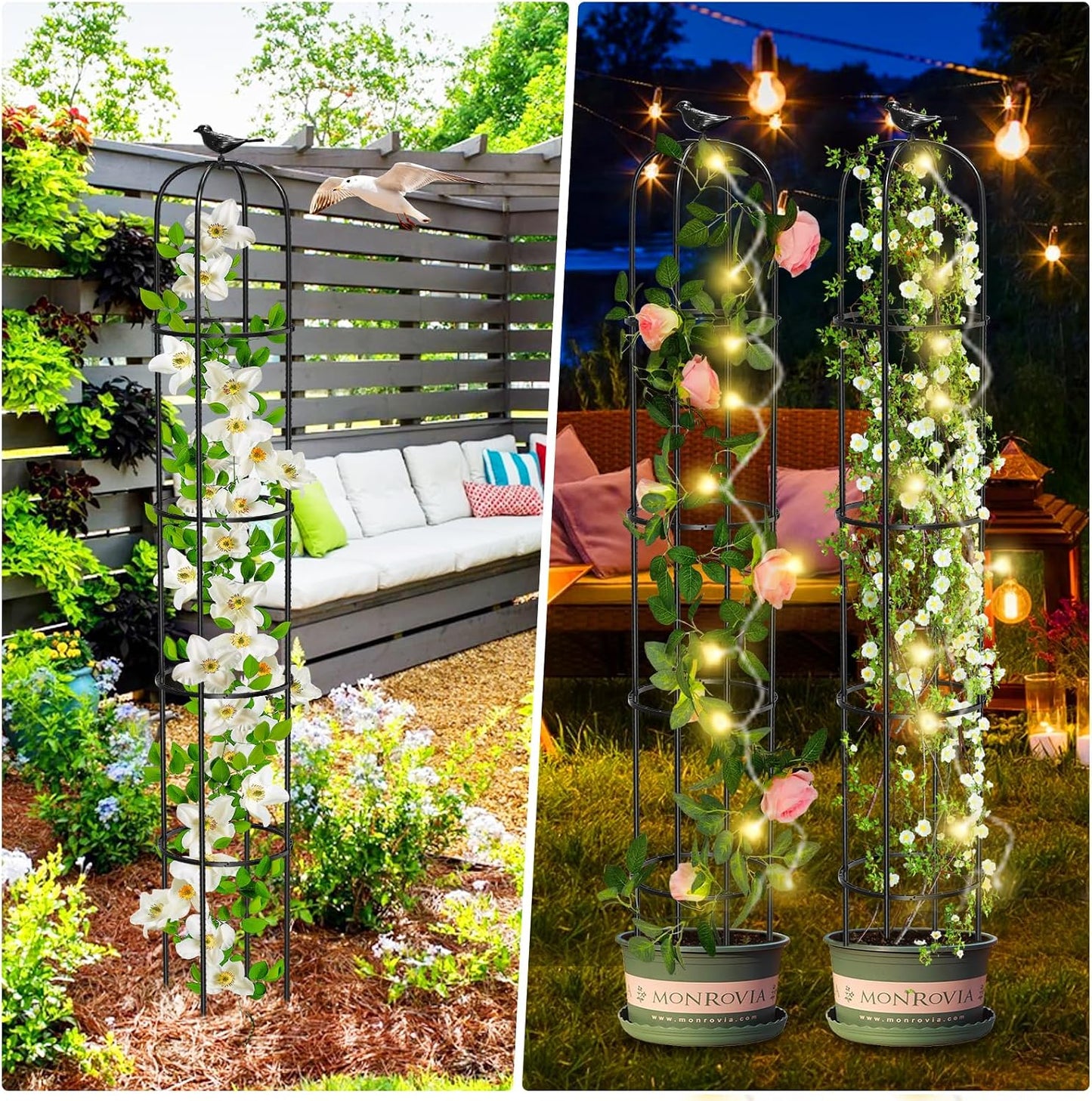 Tower Obelisk Garden Trellis for Climbing Plant，6.2FT/74.4" Rustproof Metal Potted Plant Climbing Support for Indoor