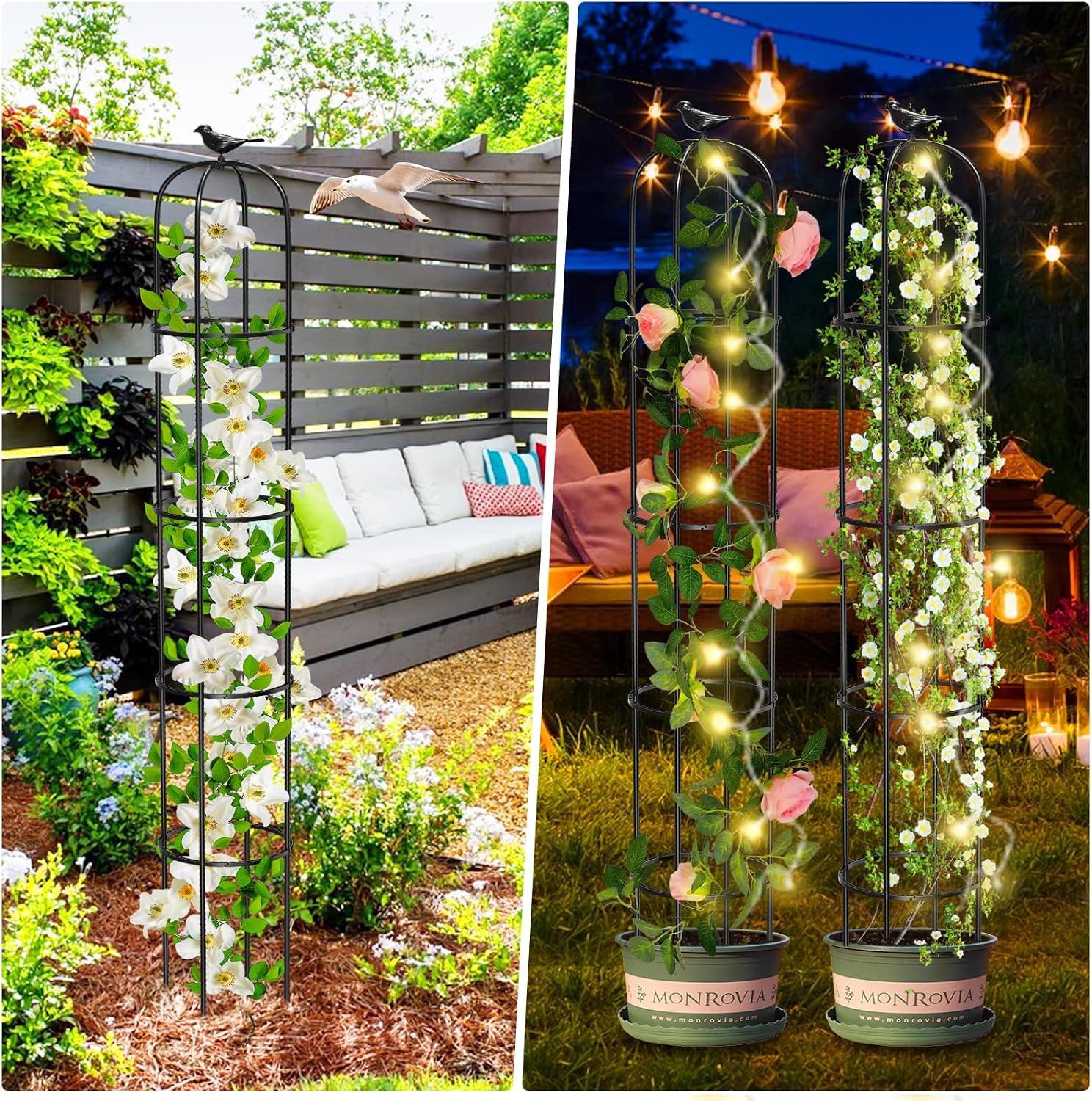 Tower Obelisk Garden Trellis for Climbing Plant，6.2FT/74.4" Rustproof Metal Potted Plant Climbing Support for Indoor