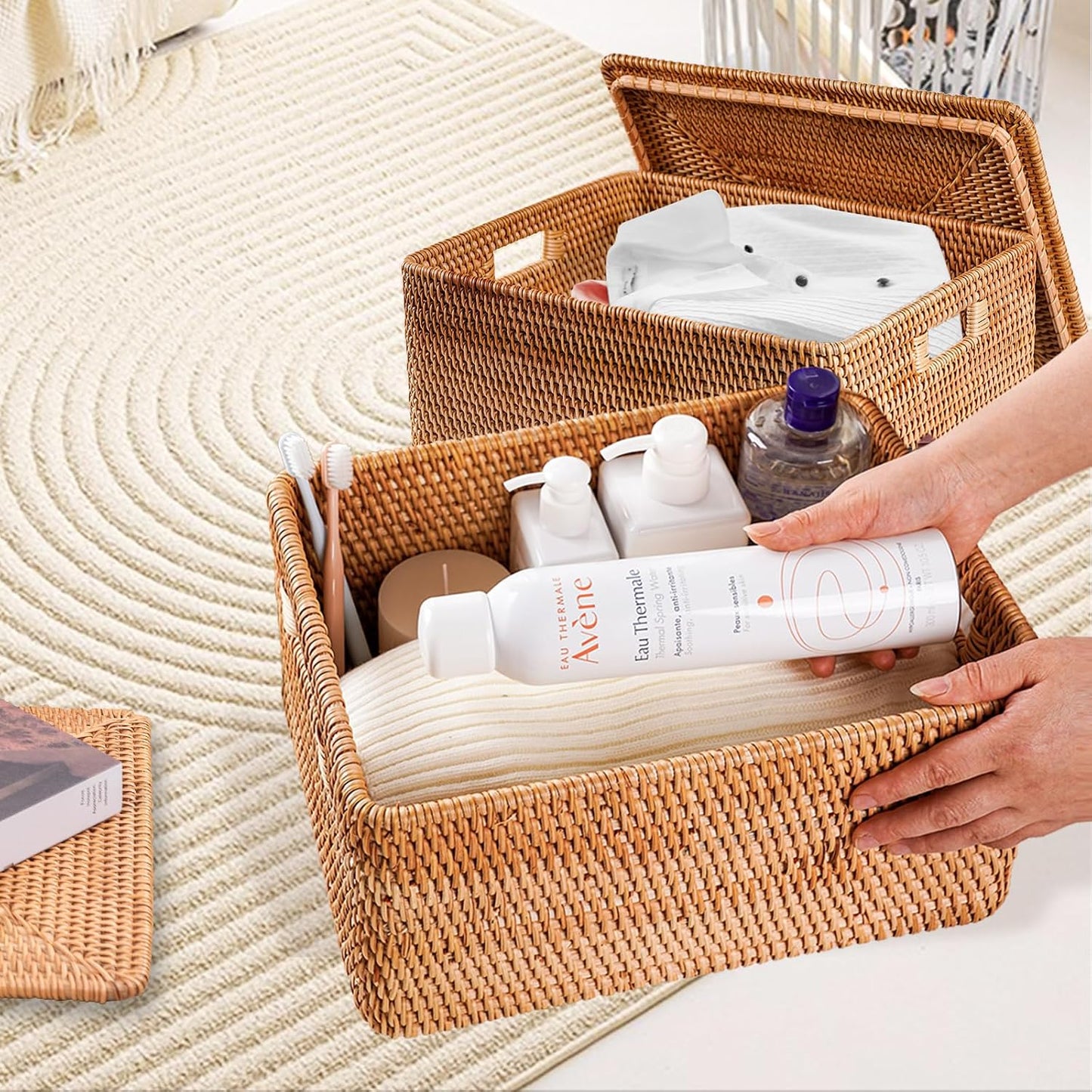 Rattan Basket / Large Lidded Basket For Storage / 11.81 x 7.87 x 5.91
