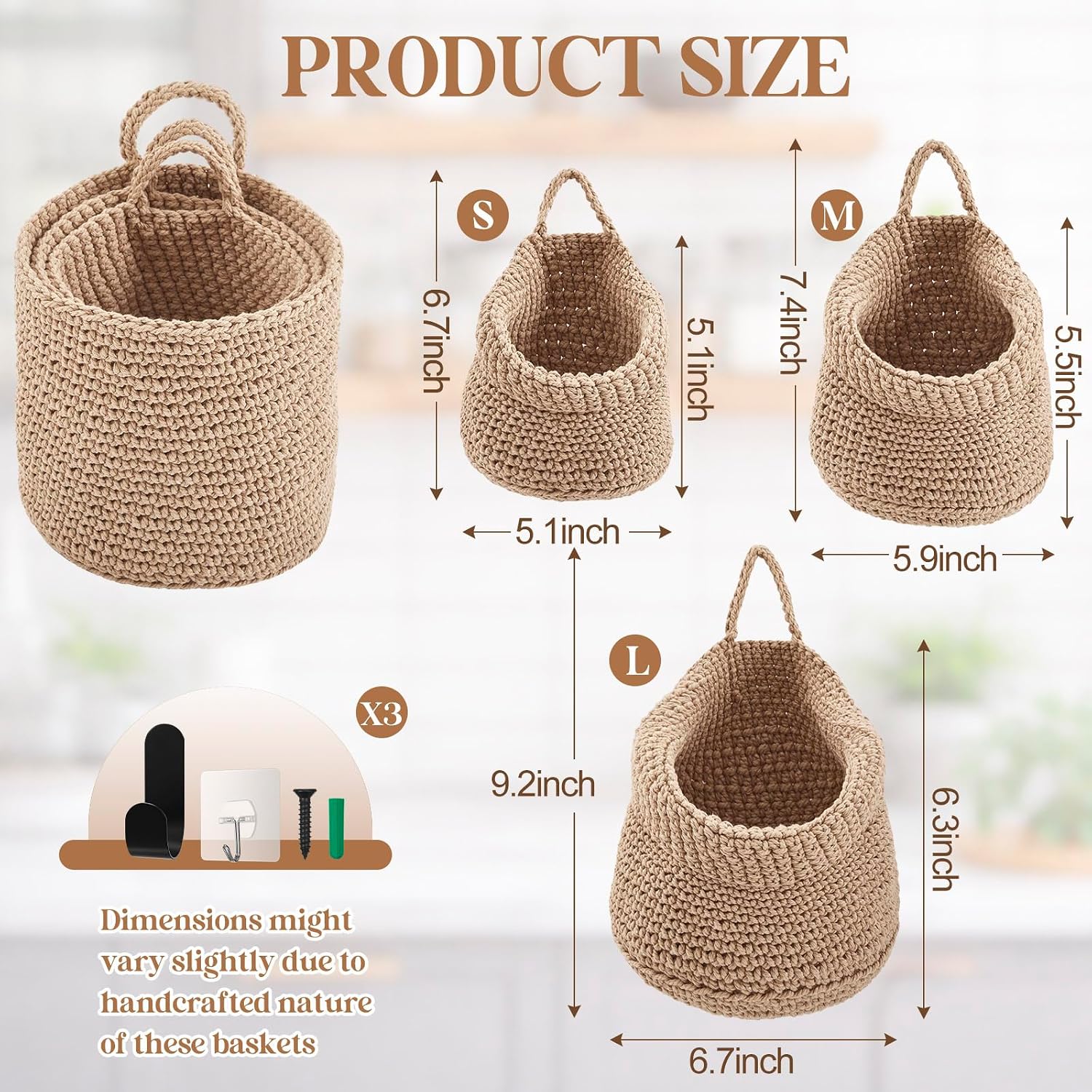 Boho Decor Hanging Wall Baskets / Linen / Cotton Rope / Barrel / Set of 3