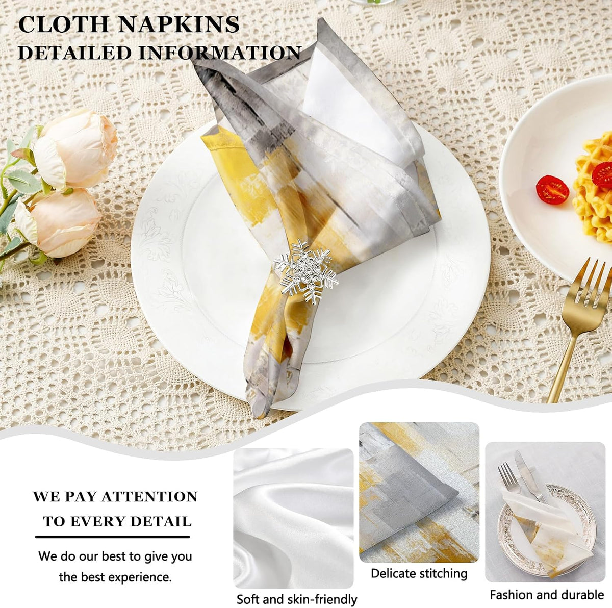 Mcalk 4 Each Yellow Placemats and Cloth Napkins Set of 8, Modern Art Placemat, Abstract Grey Cloth Napkin for Home