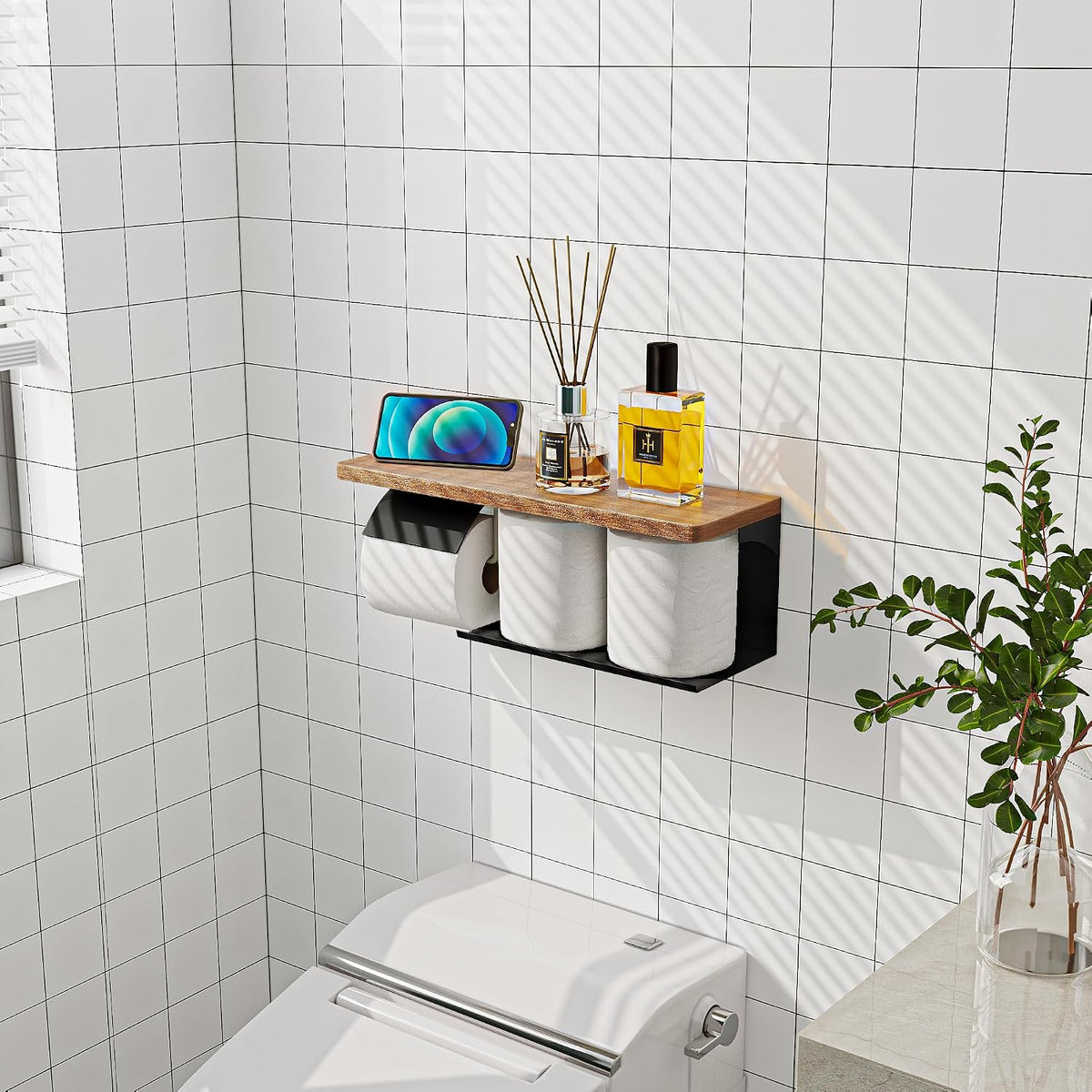 Double Toilet Paper Holder with Wide Solid Wood Shelf | 16" x 5.31" Double Roll Holder Fits Phone & Large Wipes Storage