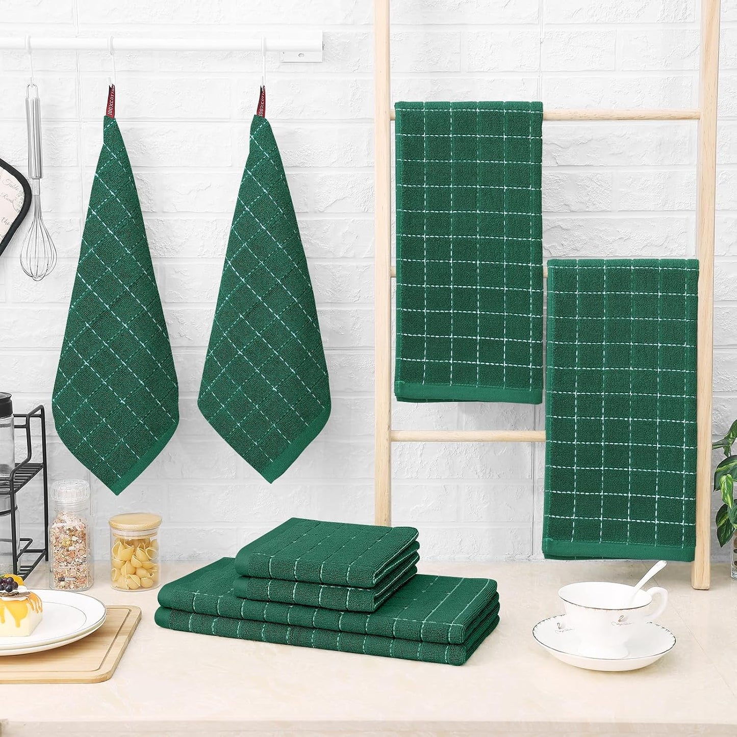 Homaxy Kitchen Towels and Dishcloths Set, Set of 12, Dark Green | Bulk Cotton Terry Kitchen Towels, Checkered Designed