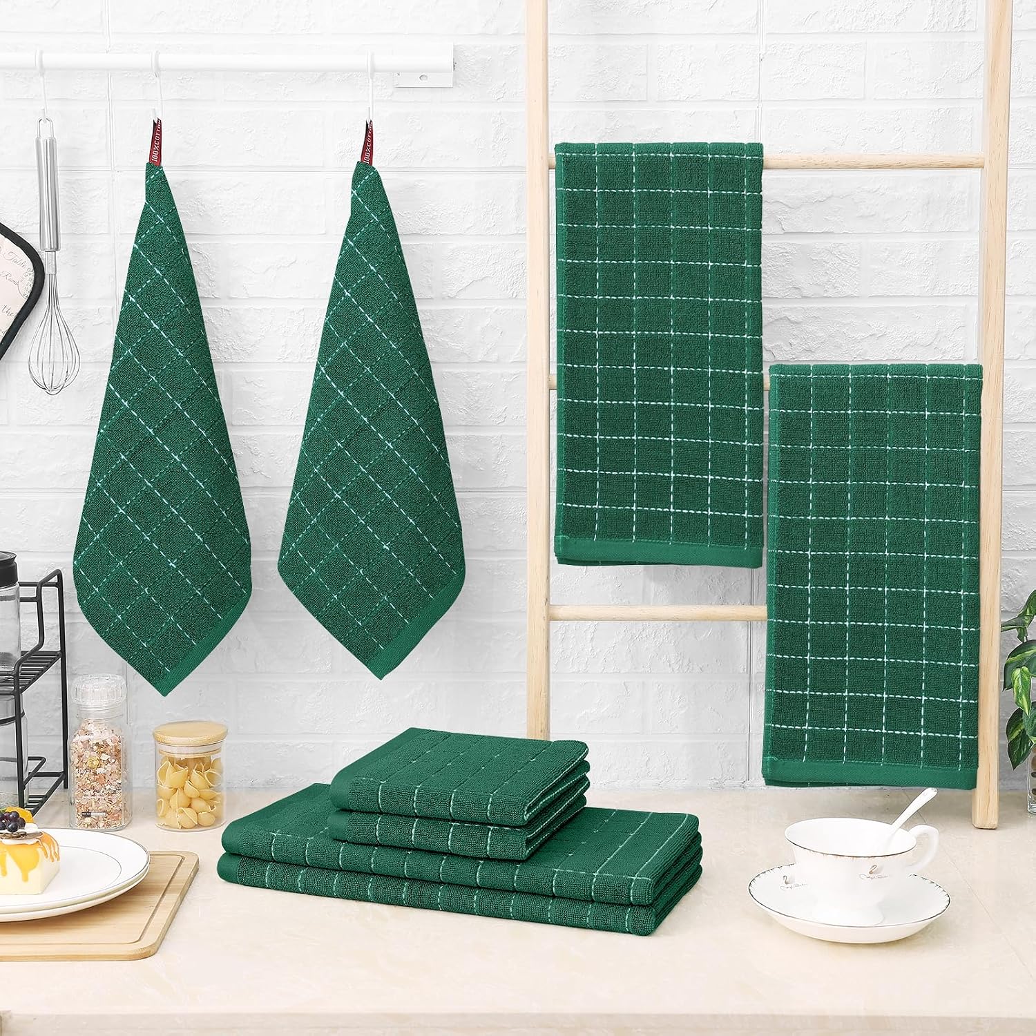 Homaxy Kitchen Towels and Dishcloths Set, Set of 12, Dark Green | Bulk Cotton Terry Kitchen Towels, Checkered Designed