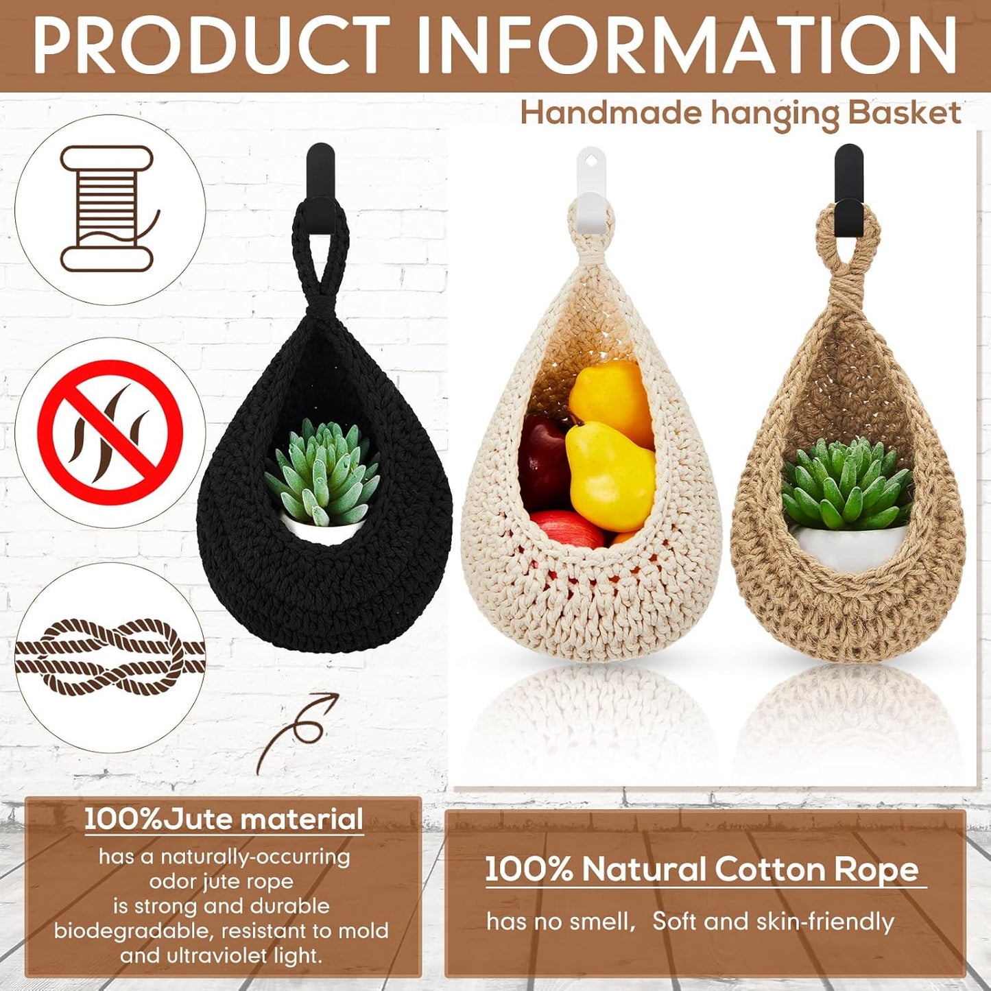 Boho Decor Hanging Wall Baskets / Black / Cotton Rope / Teardrop / Set of 3
