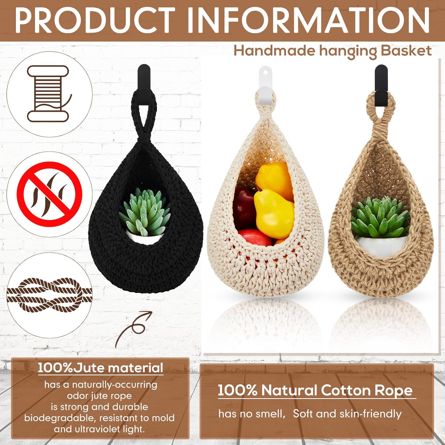 Boho Decor Hanging Wall Baskets / Black / Cotton Rope / Teardrop / Set of 3