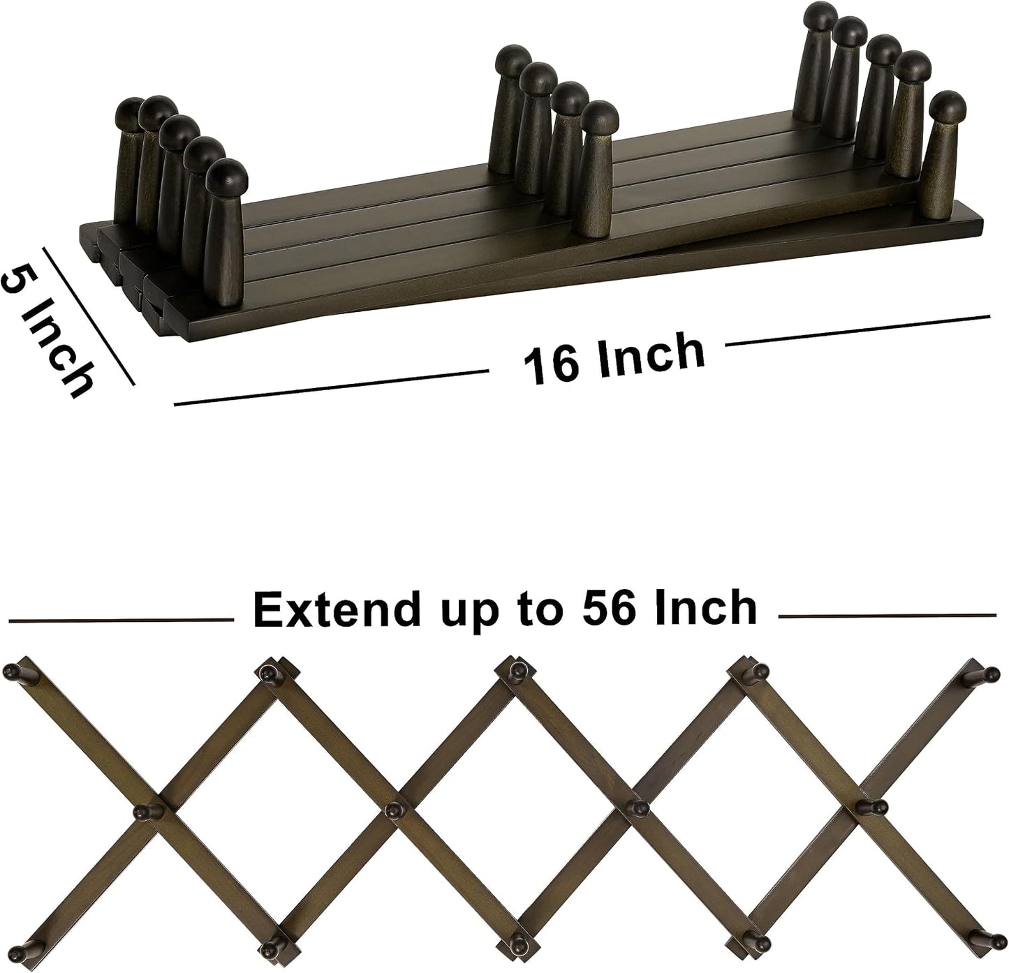Accordion Wall Hanger:16'' High Wooden Expandable Coat Rack, Hat Rack for Wall,Accordion Hook for Baseball