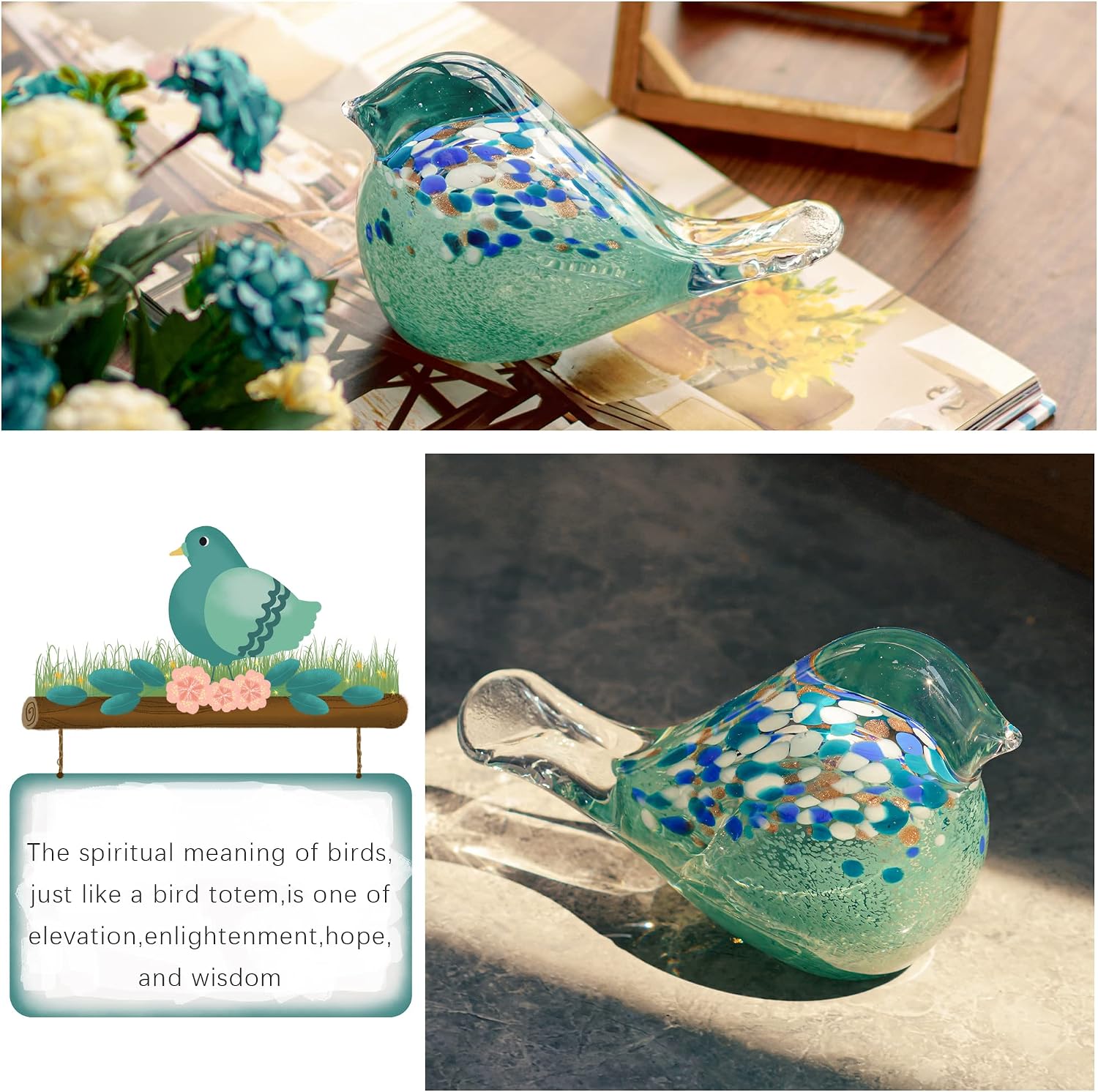 7" Big Handmade Glass Bird Figurines Blown Glass Bird Paper Weight Collectibles Art Animal / Blue