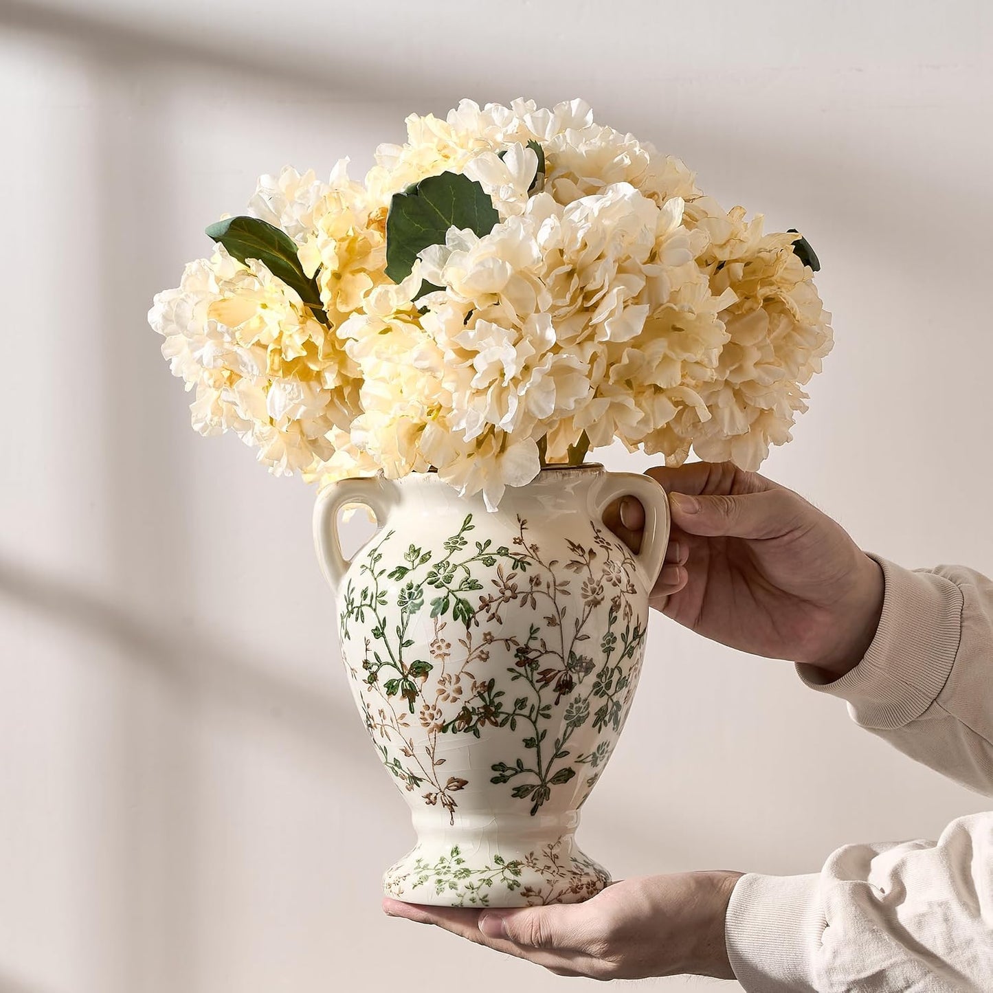 Rustic Ceramic Vase / Beige and Green- 7.78