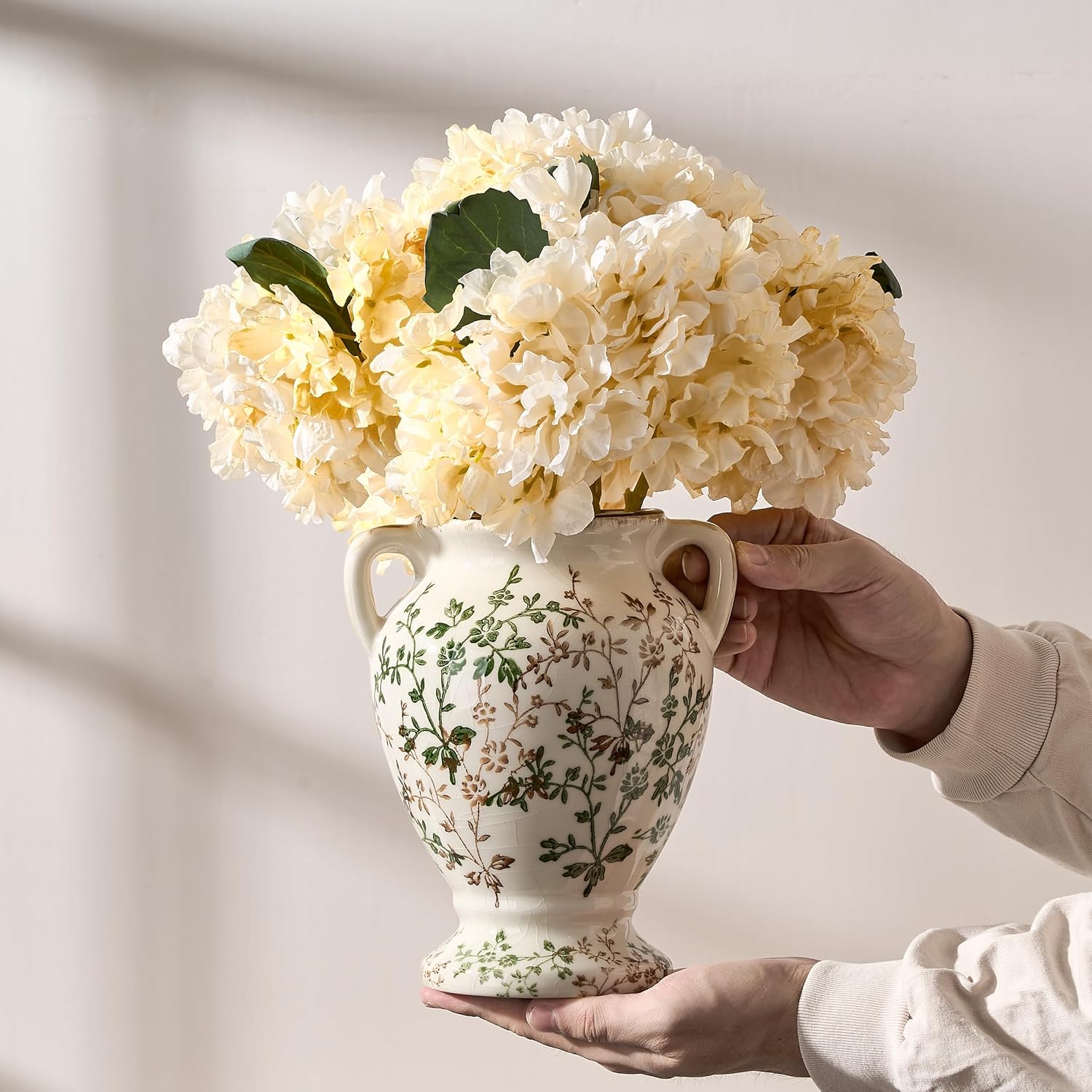Rustic Ceramic Vase / Beige and Green- 7.78
