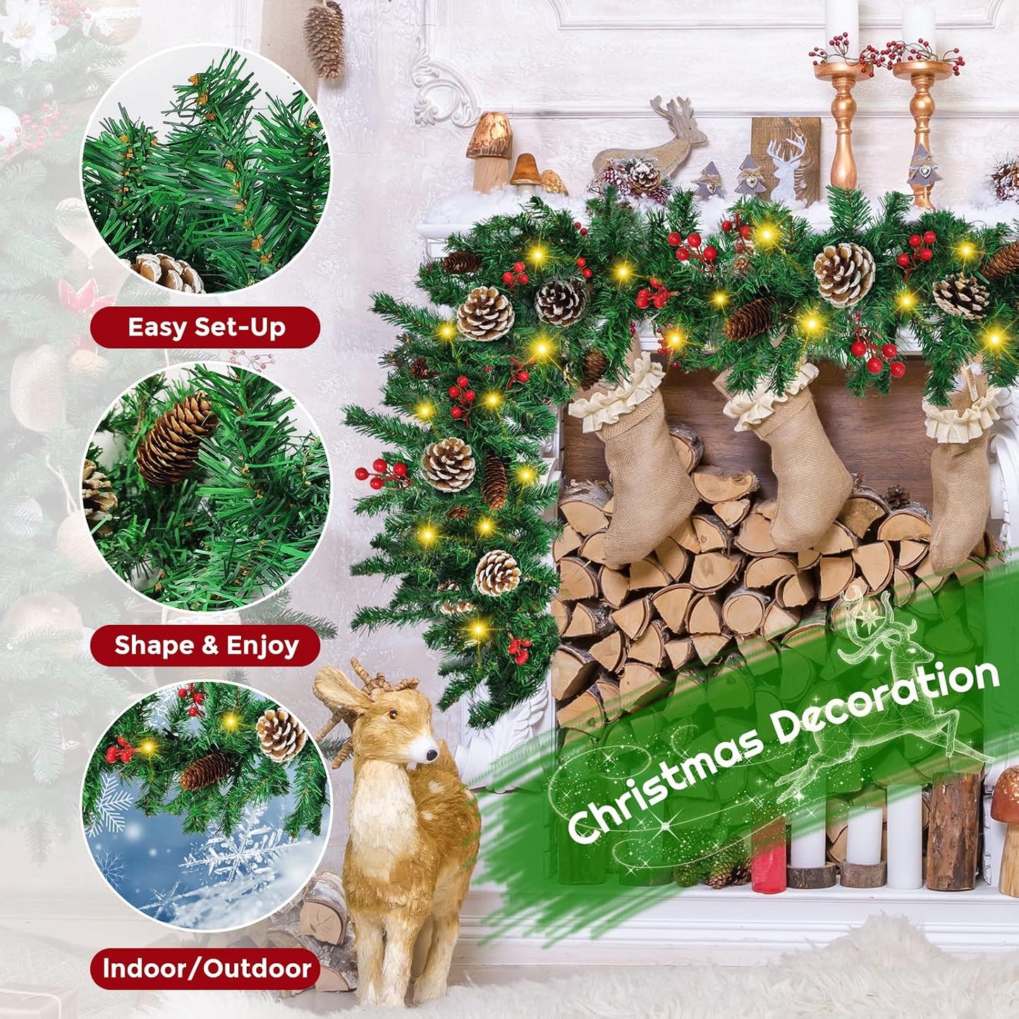 Christmas Garland, 12FT Prelit Christmas Garland with 100 LED Lights, Greenery Xmas Garland with 20 Pine Cones 90 Red