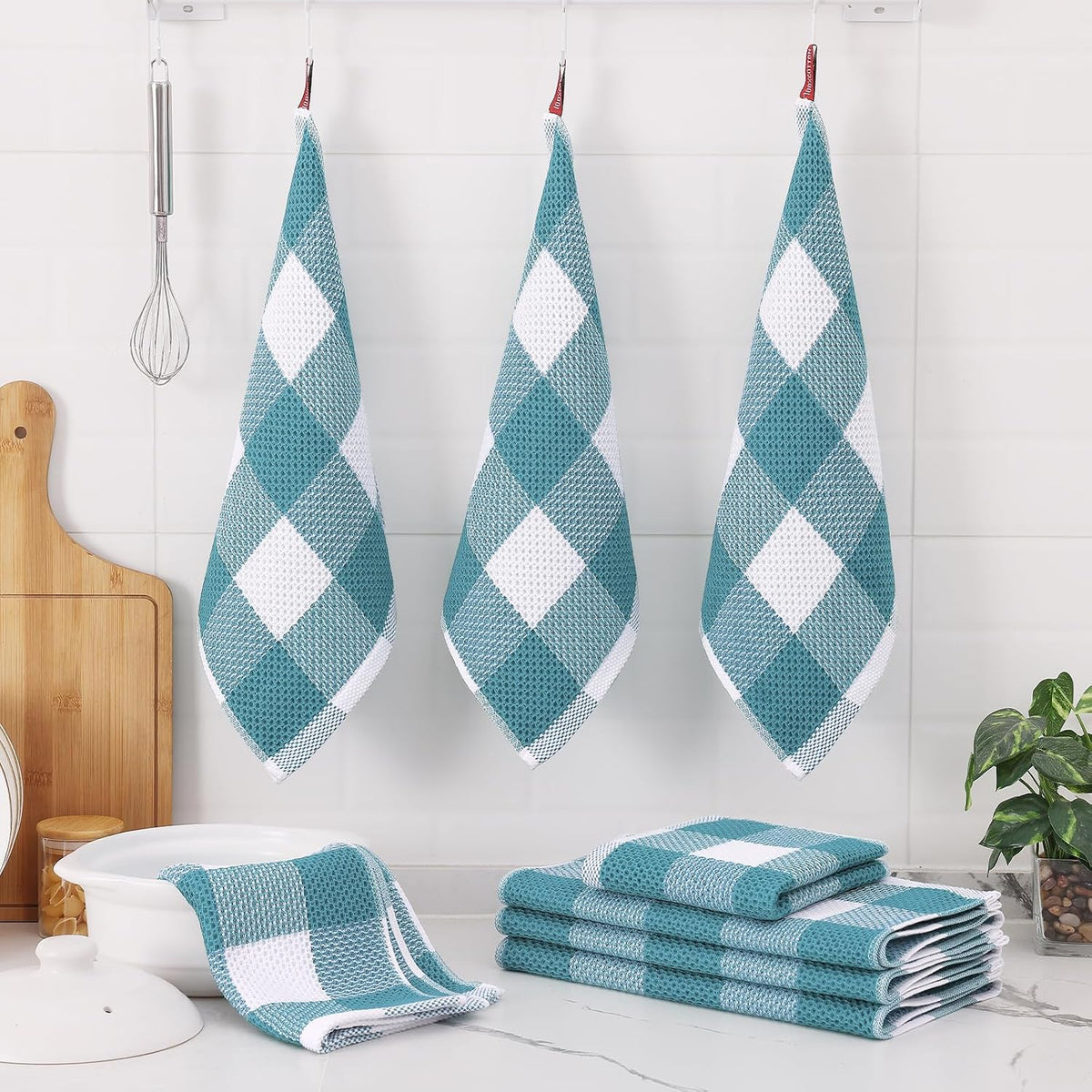 Homaxy Kitchen Towels and Dishcloths Set, Set of 10, White & Lake Blue | Bulk Cotton Waffle Weave Check Plaid Kitchen