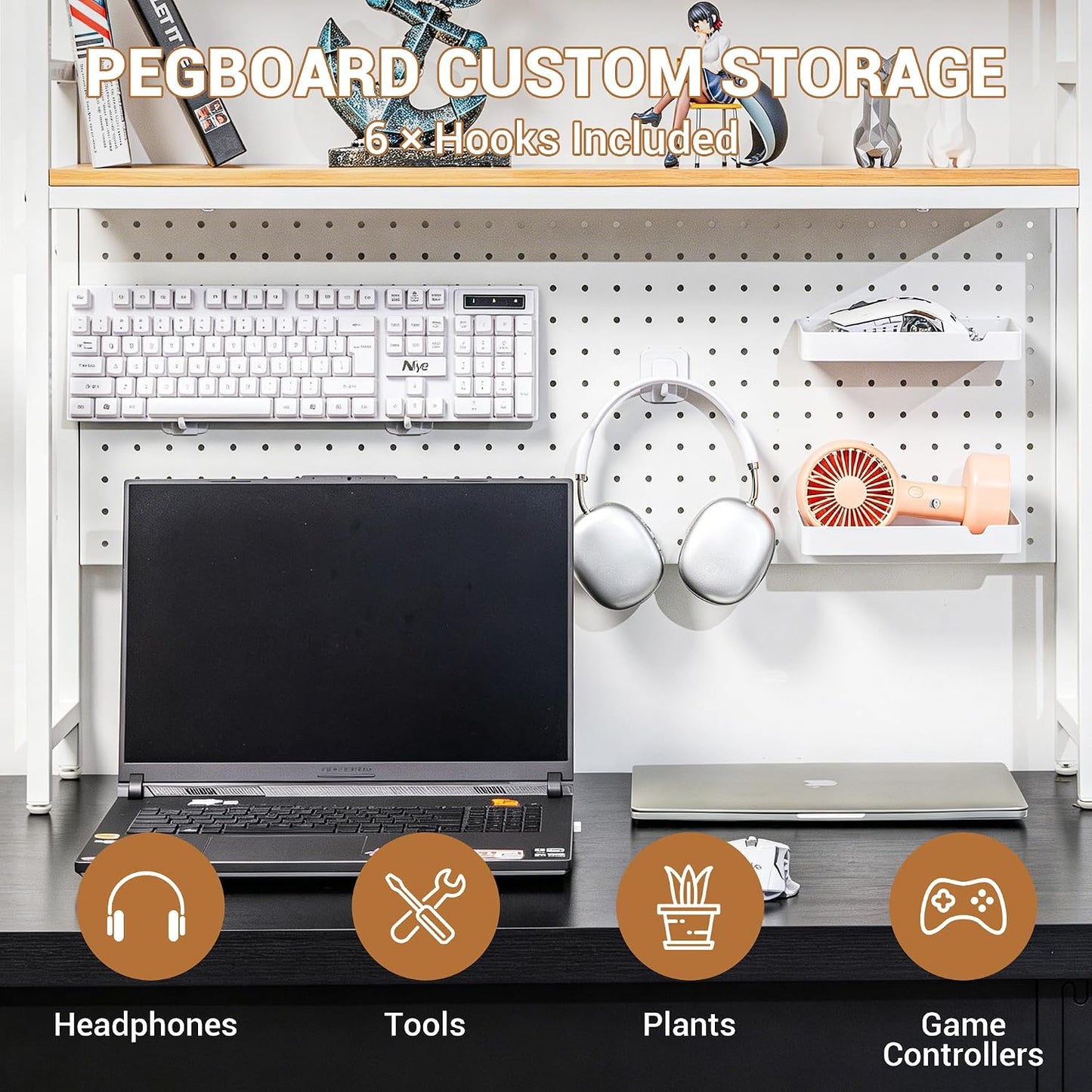 deli Desktop Shelf, Desk Hutch with Metal Pegboard, White | 2-Tier Desktop Display Rack With 4 Accessories