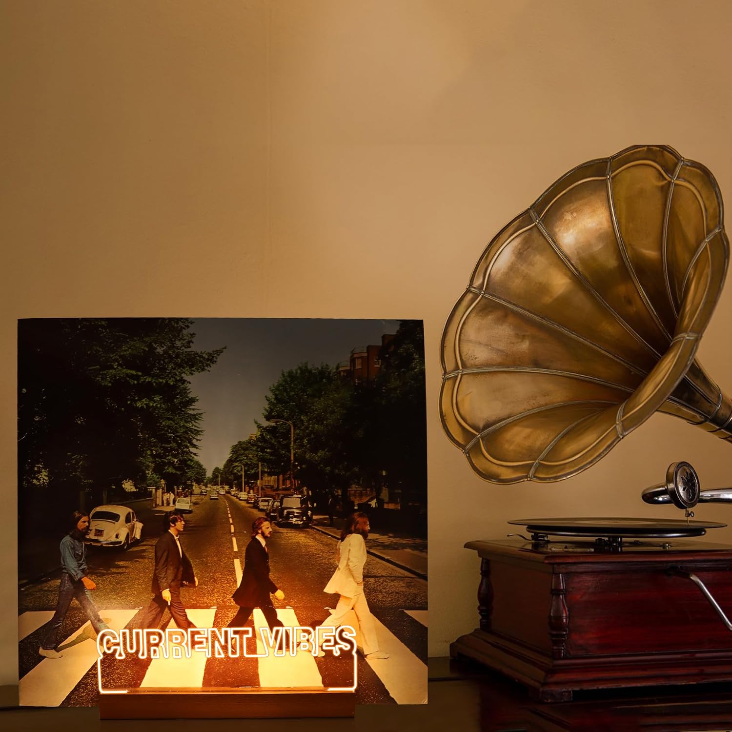 YuanDian Personalised Light up Now Playing Vinyl Record Stand, Now Spinning Record Stand, Wooden Acrylic Holder for