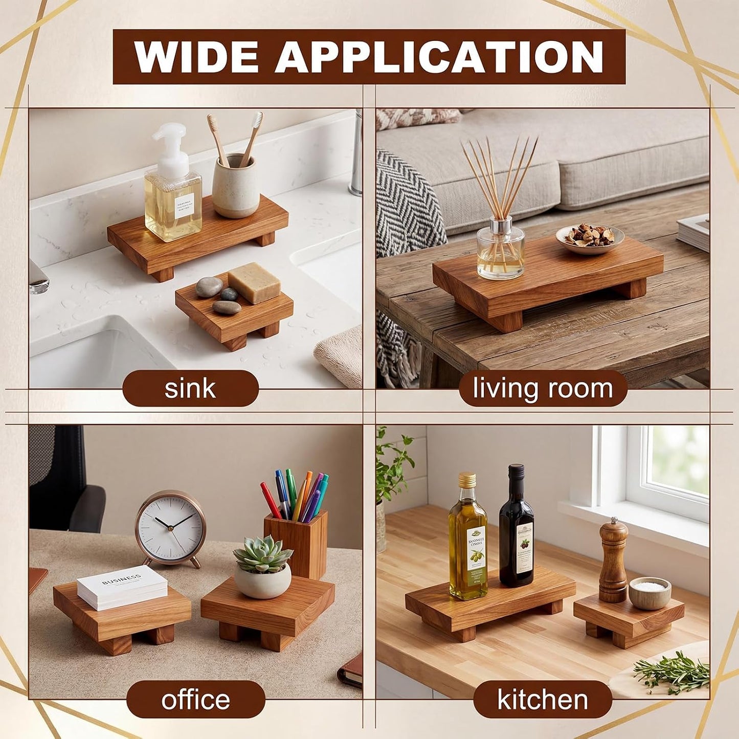 Wooden Risers for Display Paulownia Wood Pedestal Stand Bathroom Kitchen Counter / Brown / Set of 3