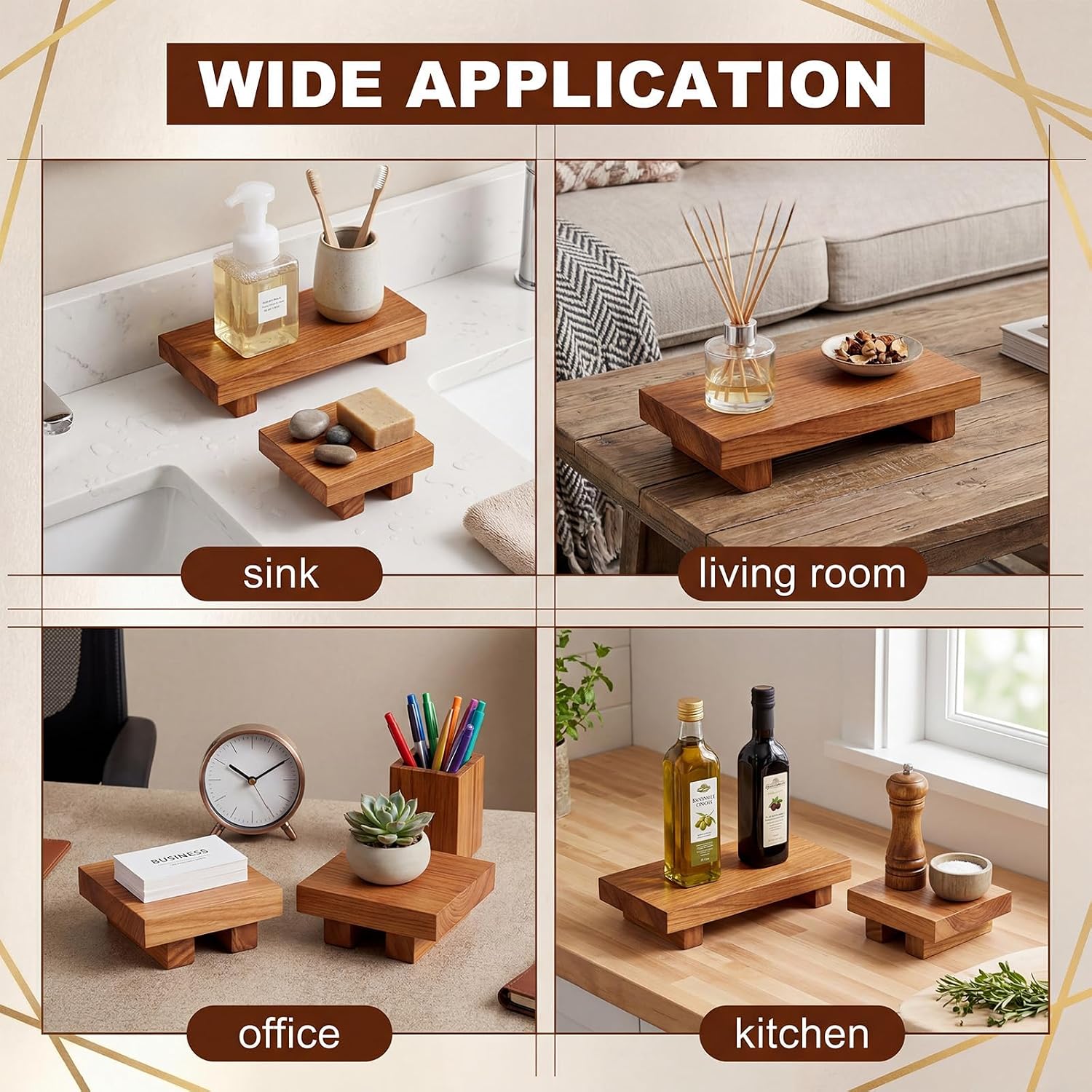 Wooden Risers for Display Paulownia Wood Pedestal Stand Bathroom Kitchen Counter / Brown / Set of 3