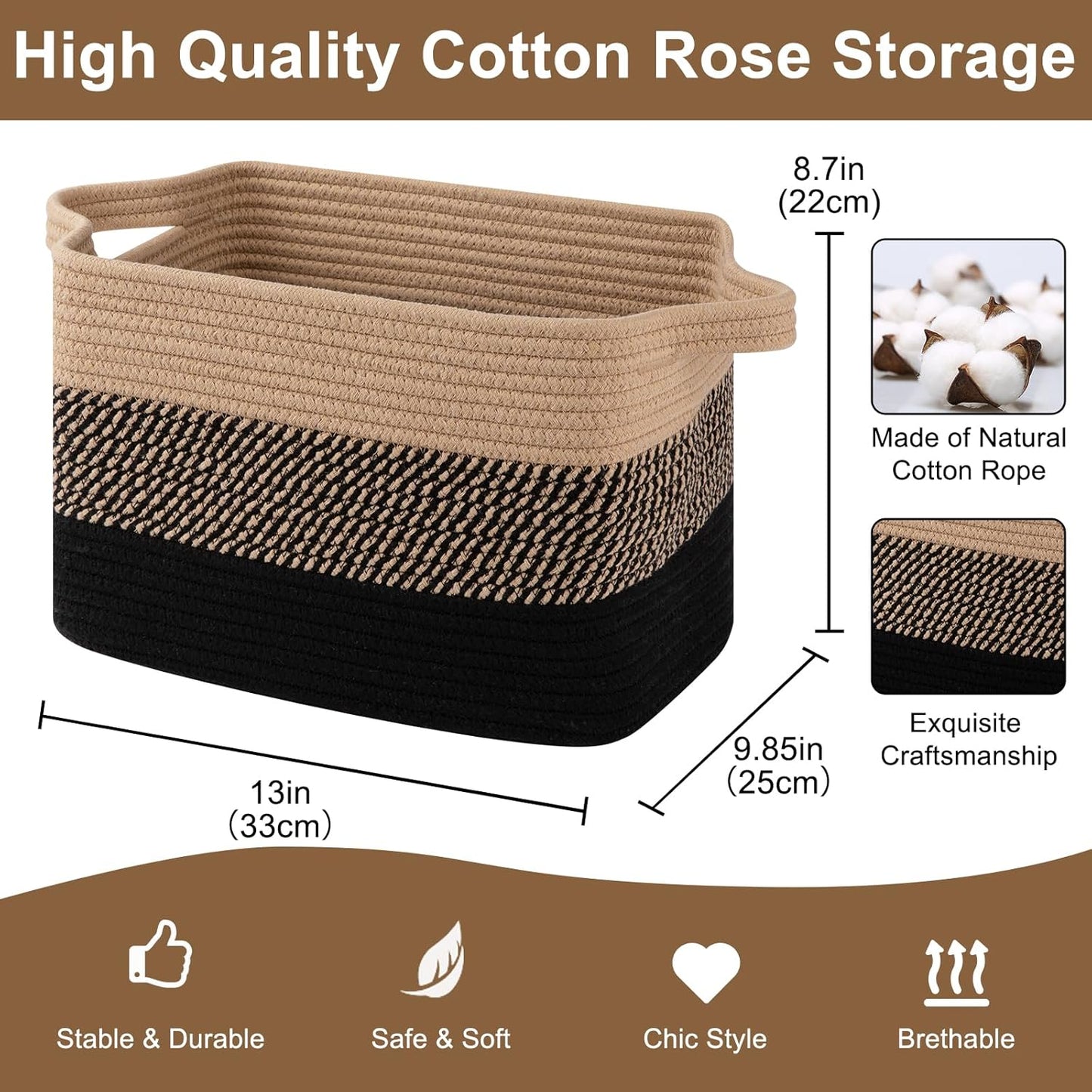 Woven Baskets for Storage / Black & Brown / 13 x 9.85 x 8.7