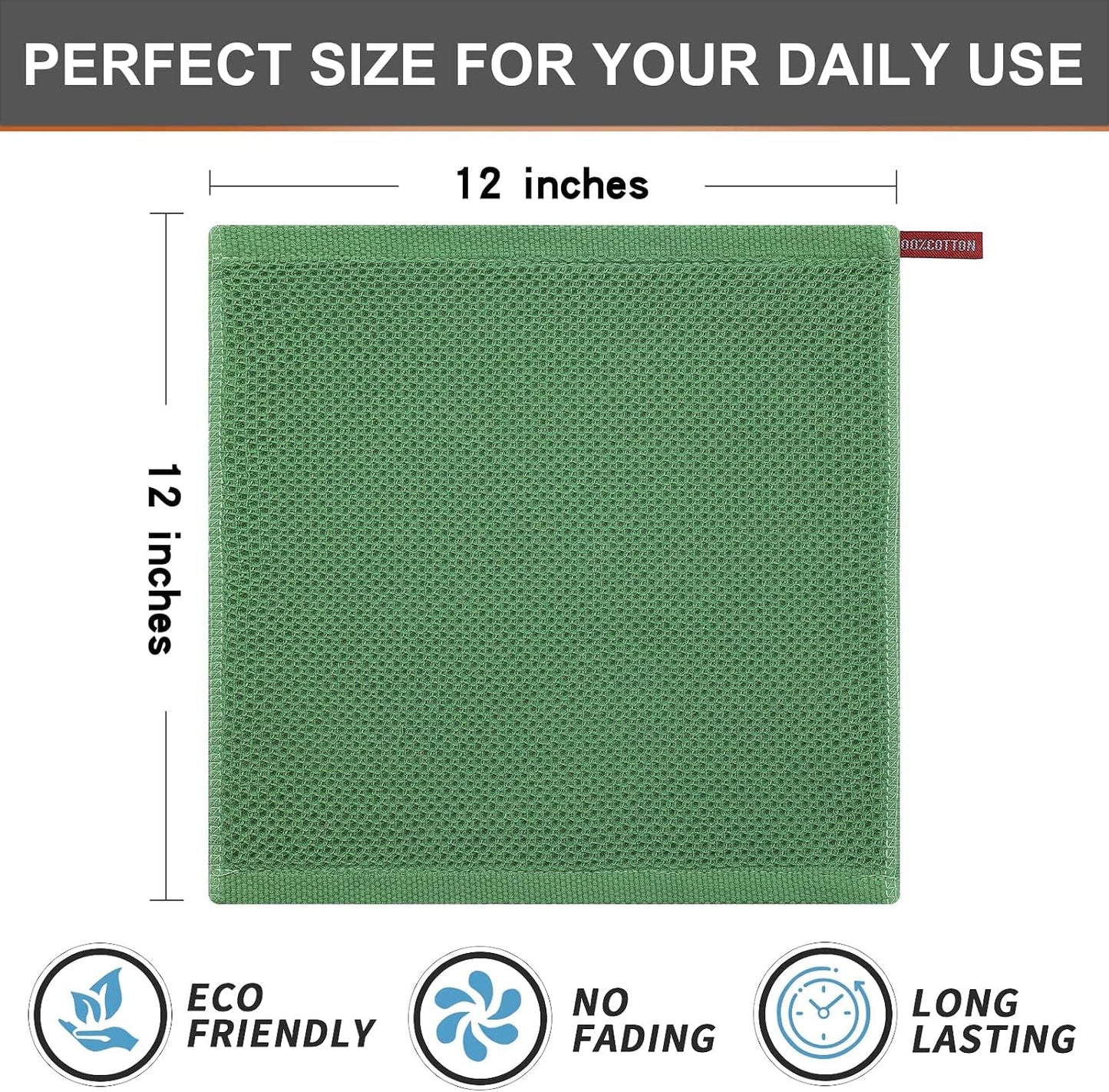 Kitinjoy 100% Cotton Waffle 12-Pack Kitchen Towels, 12" x 12", Grass Green | Ultra Absorbent, Super Soft, lightweight