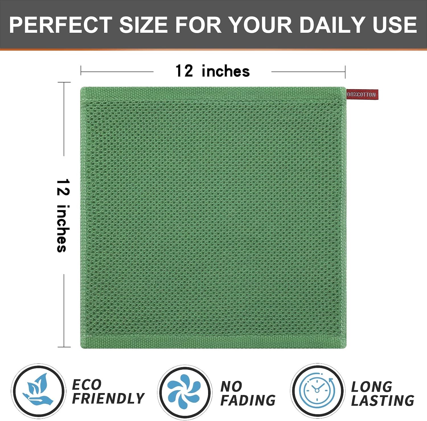 Kitinjoy 100% Cotton Waffle 12-Pack Kitchen Towels, 12" x 12", Grass Green | Ultra Absorbent, Super Soft, lightweight