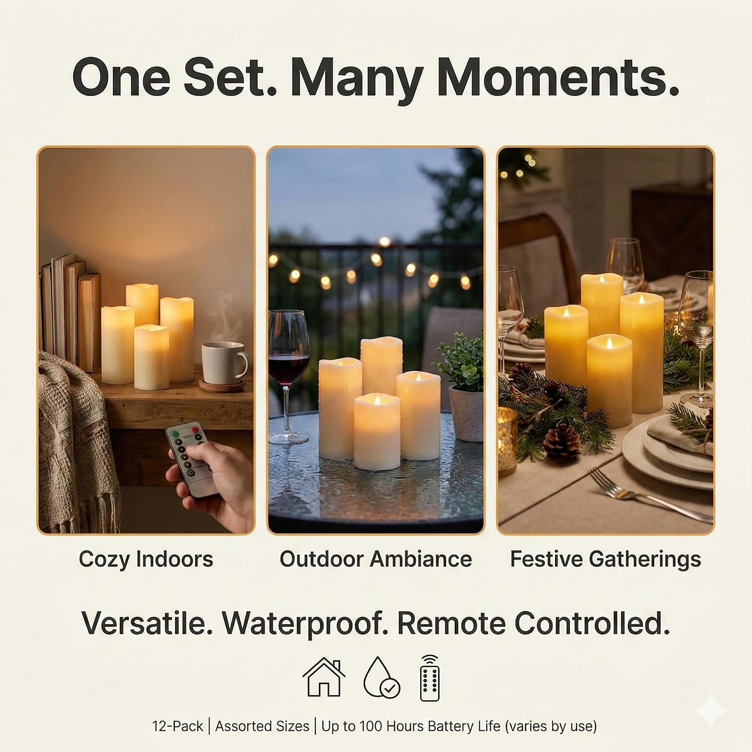 Waterproof Flameless Candles, 12 PC Battery Operated LED Pillar Candles with 2 Remote Controls & Timer, Flickering