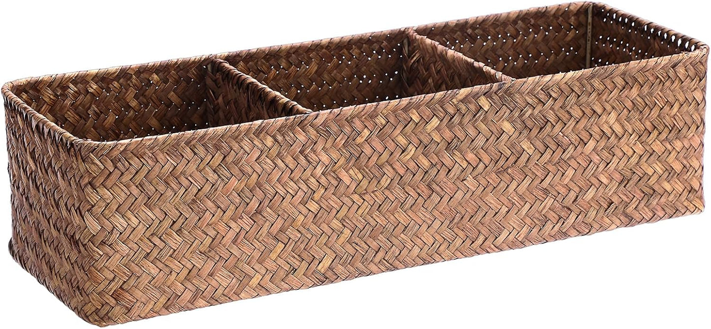 Handwoven Wicker Storage Box 3 Sections Seagrass Basket Bin Toilet Paper Holder / Large / Coffee
