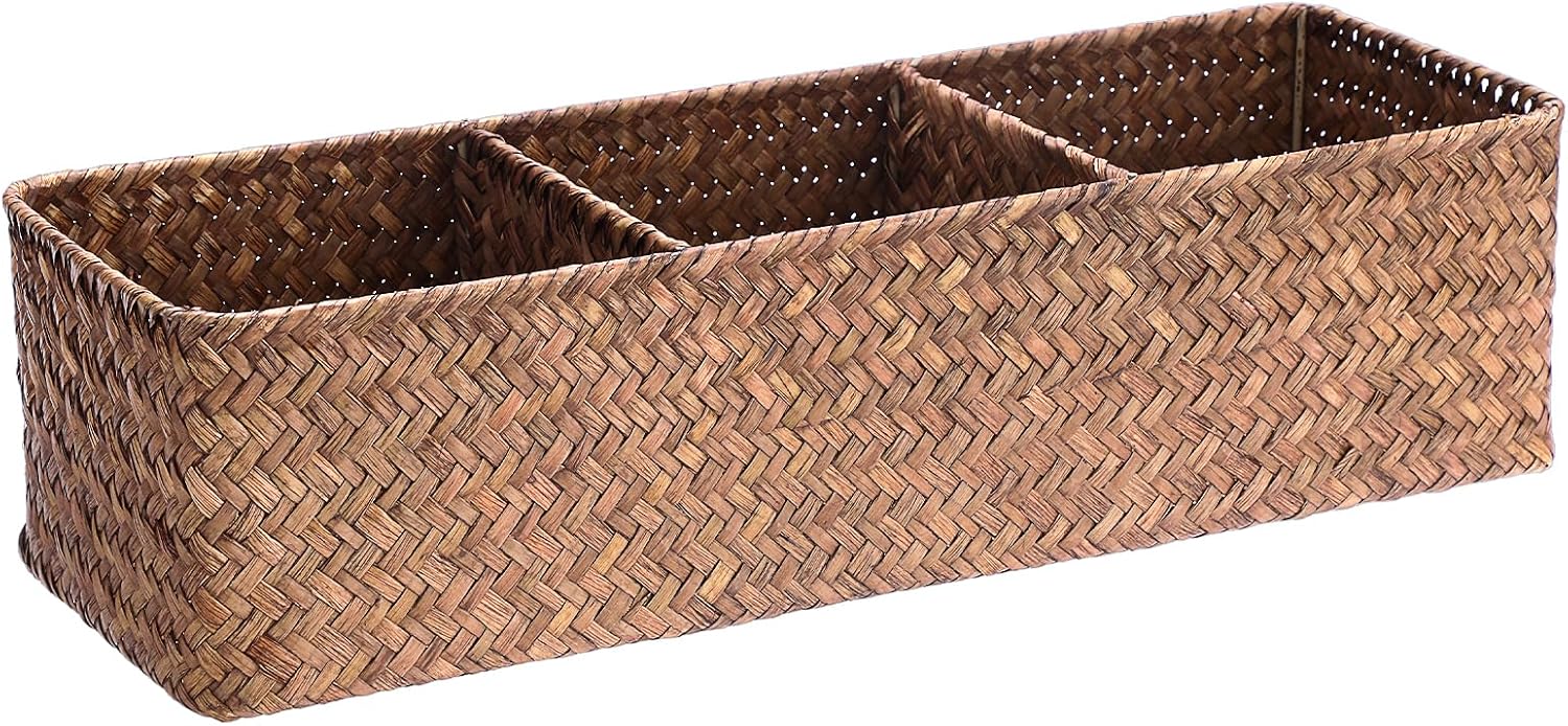 Handwoven Wicker Storage Box 3 Sections Seagrass Basket Bin Toilet Paper Holder / Large / Coffee