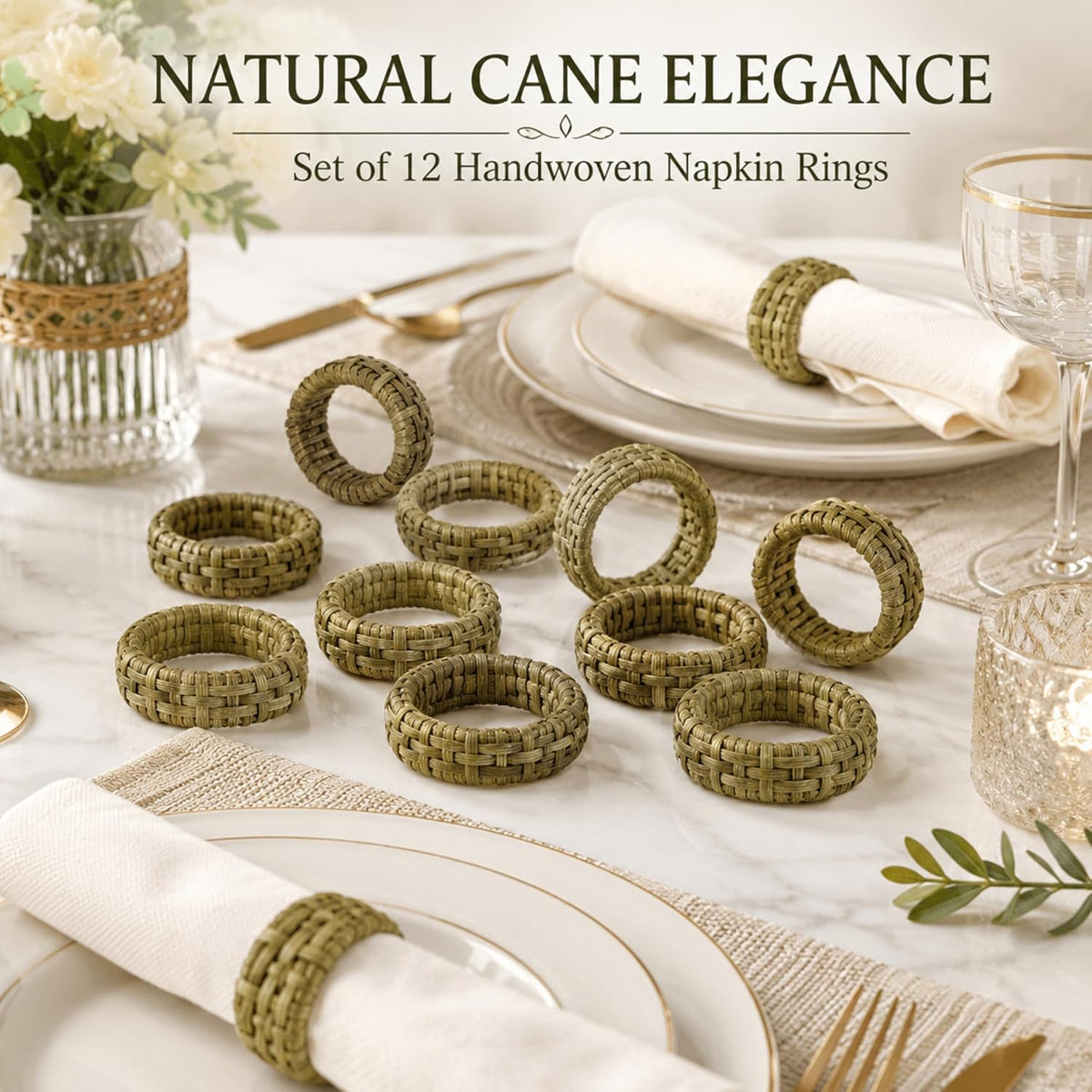 Cane Woven Napkin Rings, Set of 12 - Army Green | Natural cane with plastic core, 2.25x2.25x0.5 in. each, boho