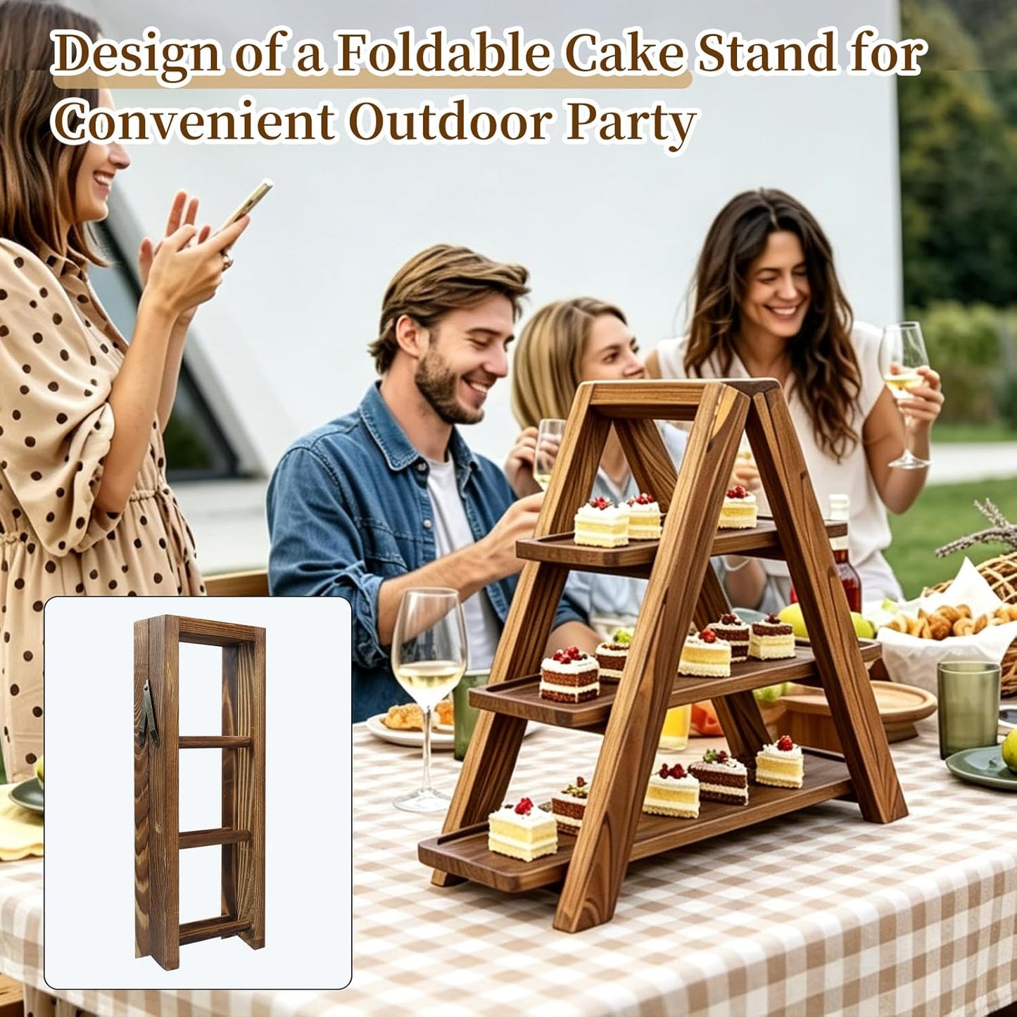 Large Wooden 3 Tier Swing Cupcake Stand / Brown