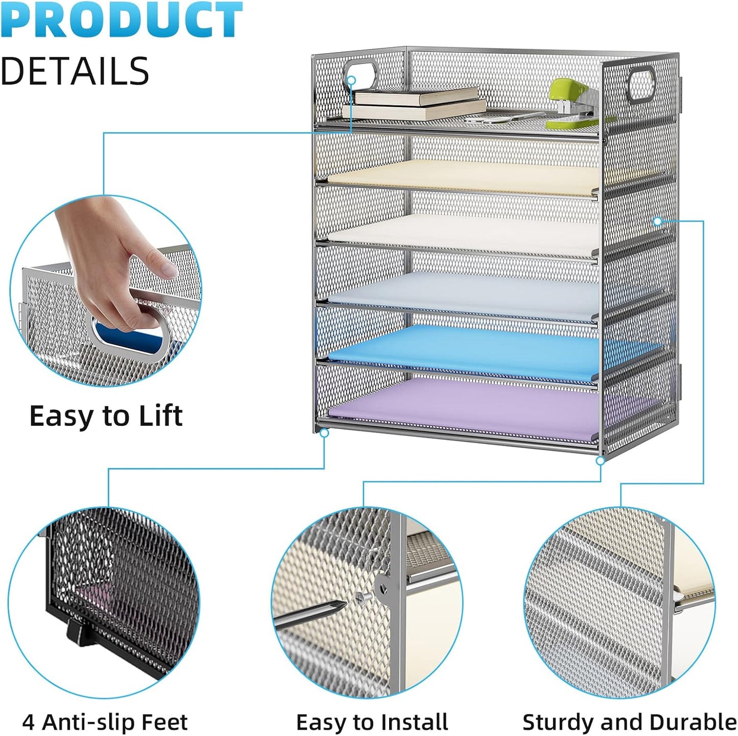 Marbrasse Paper Letter Tray - 6 Tier Mesh File Organizer with Handle, Paper Sorter for Letter/A4 Office File Folder