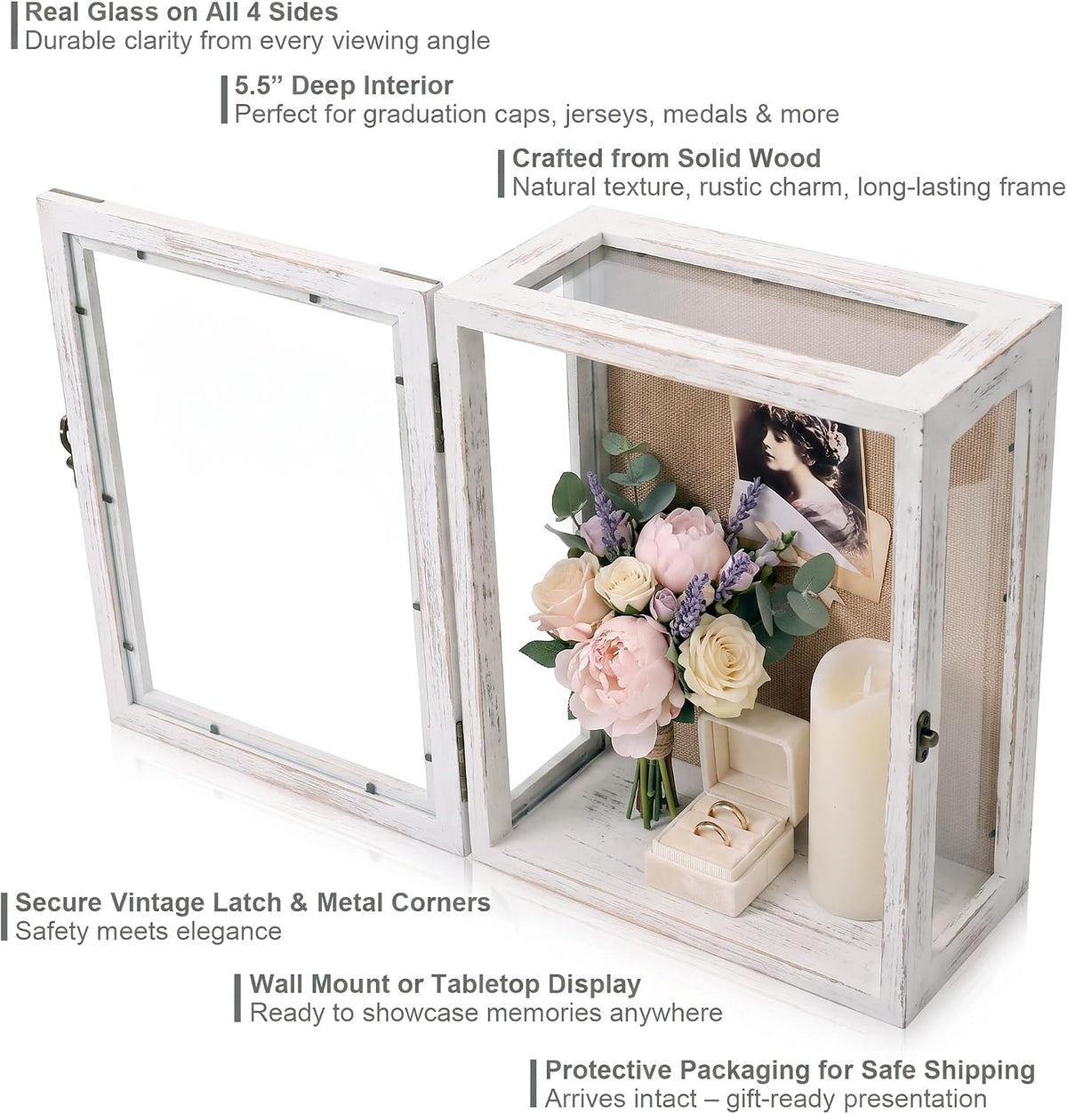 Shadow Box Display Case 11x14 Deep with Glass on 4 Sides, White Solid Wood Memory Box with 6.2" Overall Depth, Wall