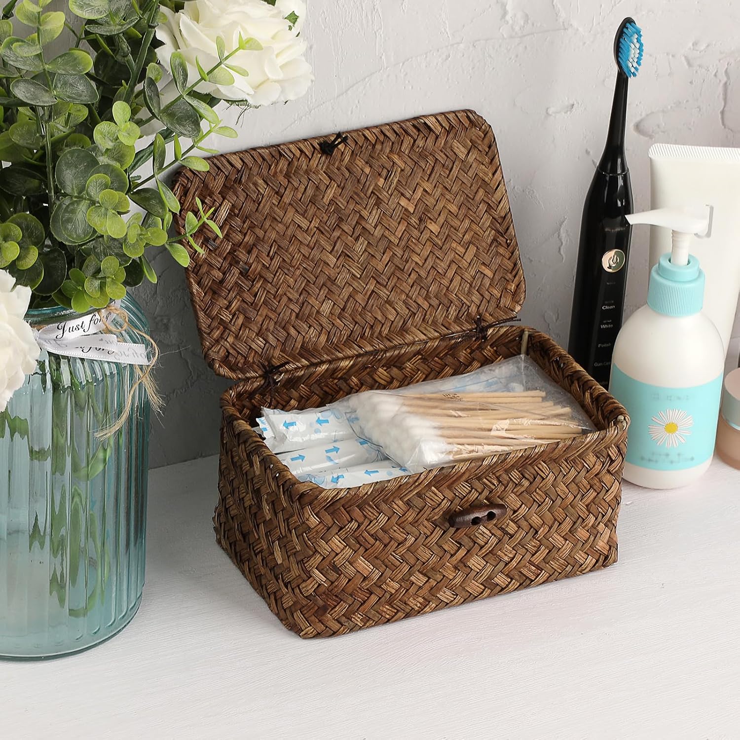 Handwoven Seagrass Basket Wicker Shelf Basket / 7.0"L x 4.3"W x 3.3"H / Coffee Color