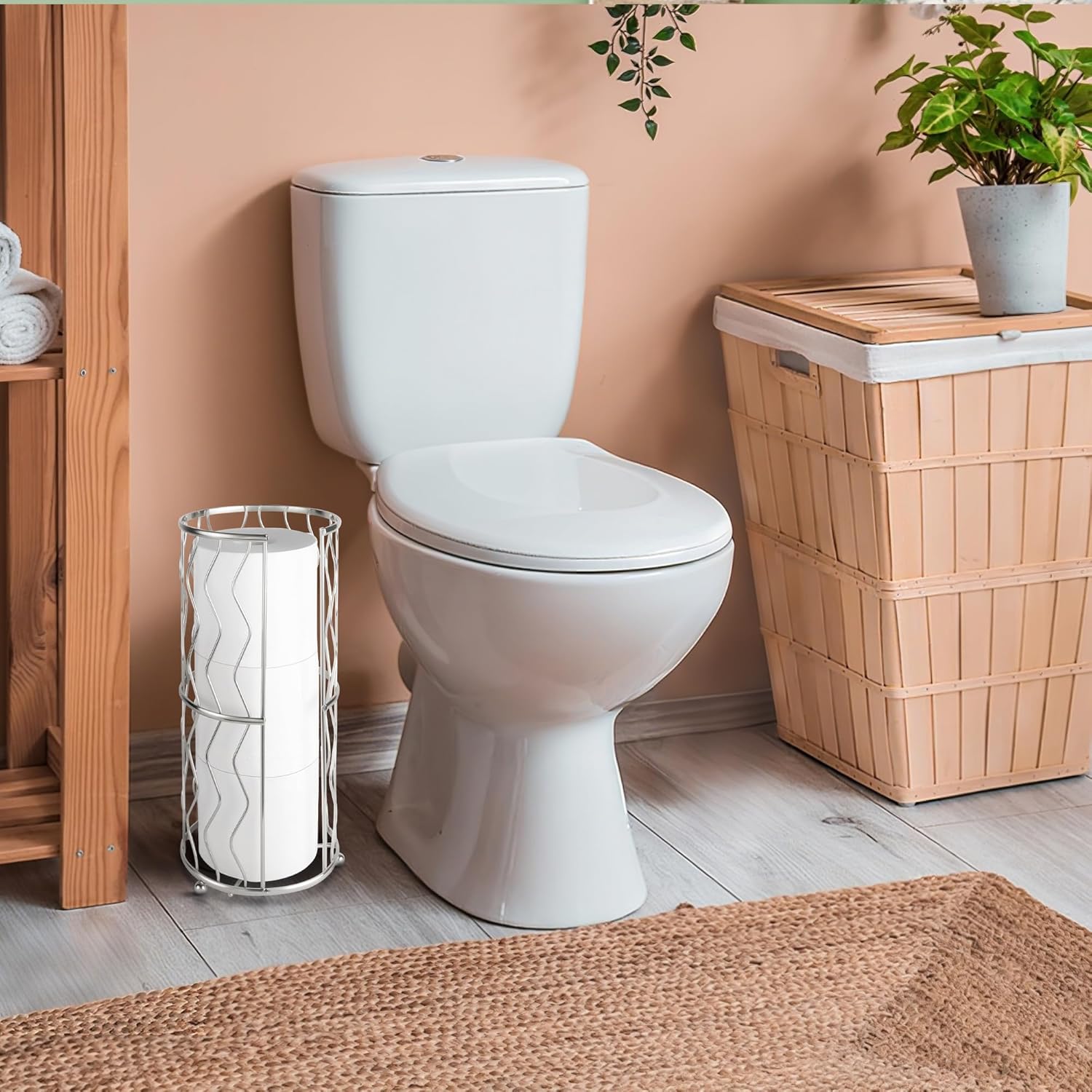 Decorative Metal Standing Toilet Tissue Holder for Bathroom/Powder Room, Compact Tissue Reserve for 3 Jumbo Rolls of