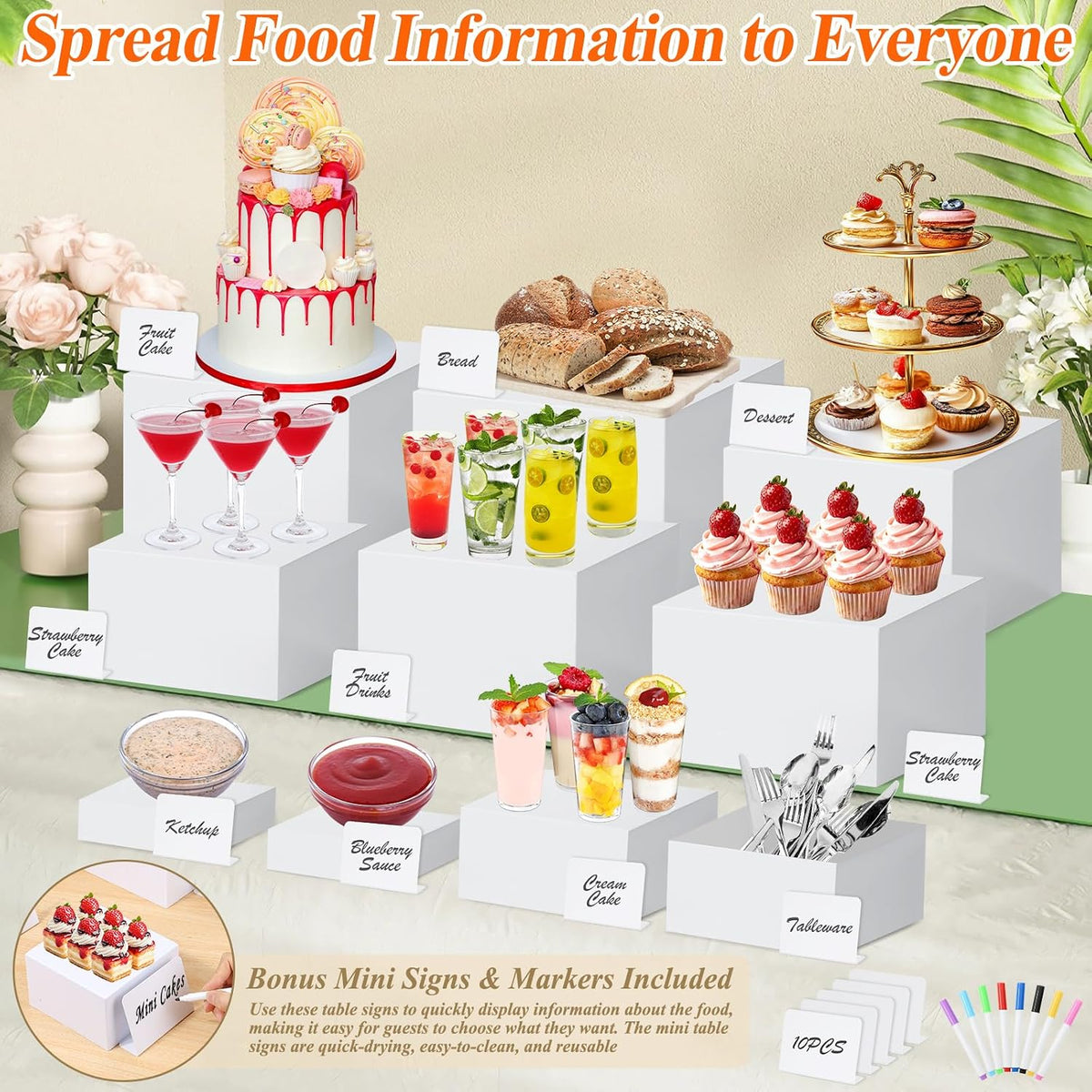 10 Pcs White Acrylic Buffet Risers with Mini Sign and Marker, Food Display Stands for Buffet Table Party Catering
